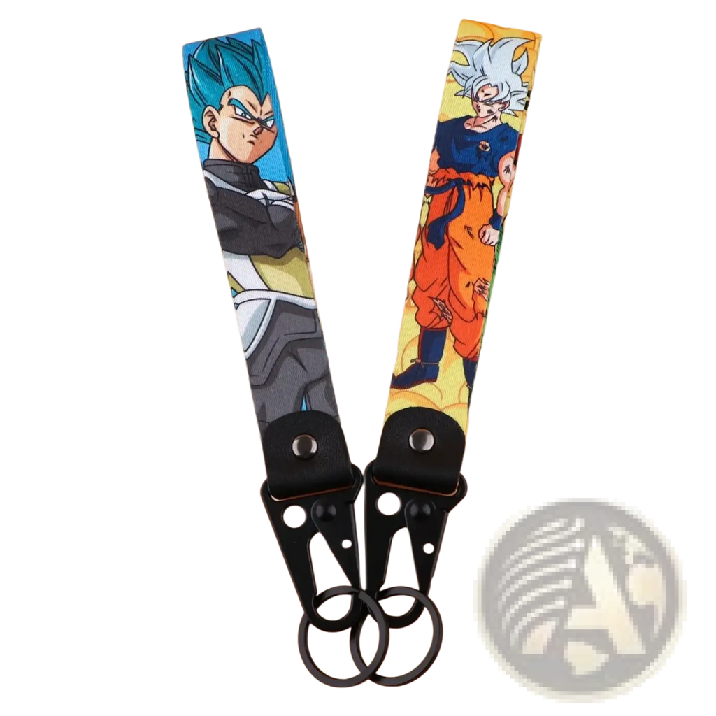 Dragon ball z goku and vegeta fabric lanyard keychain set with blue hair vegeta and super saiyan goku on fabric straps