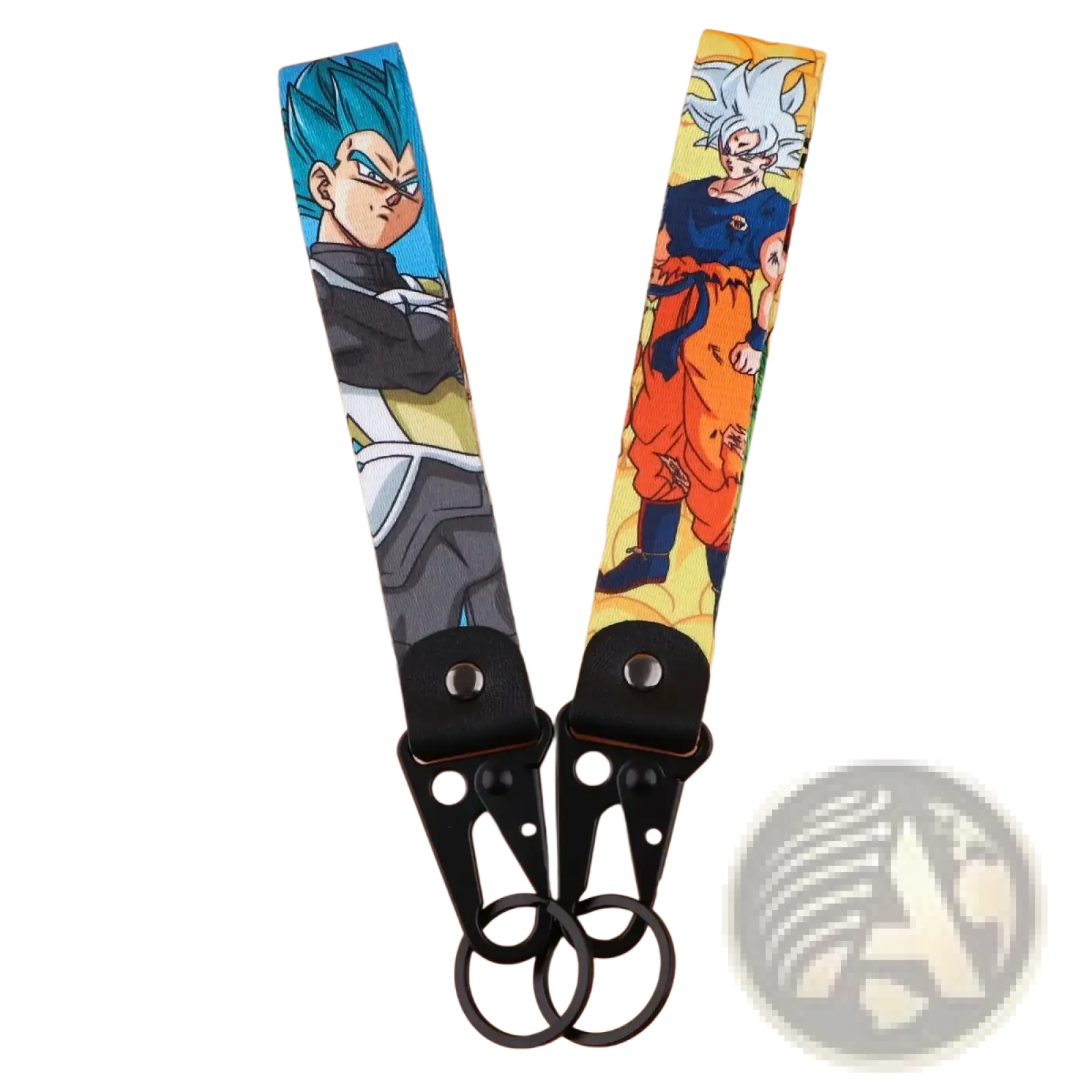 Dragon ball z goku and vegeta fabric lanyard keychain set with blue hair vegeta and super saiyan goku on fabric straps