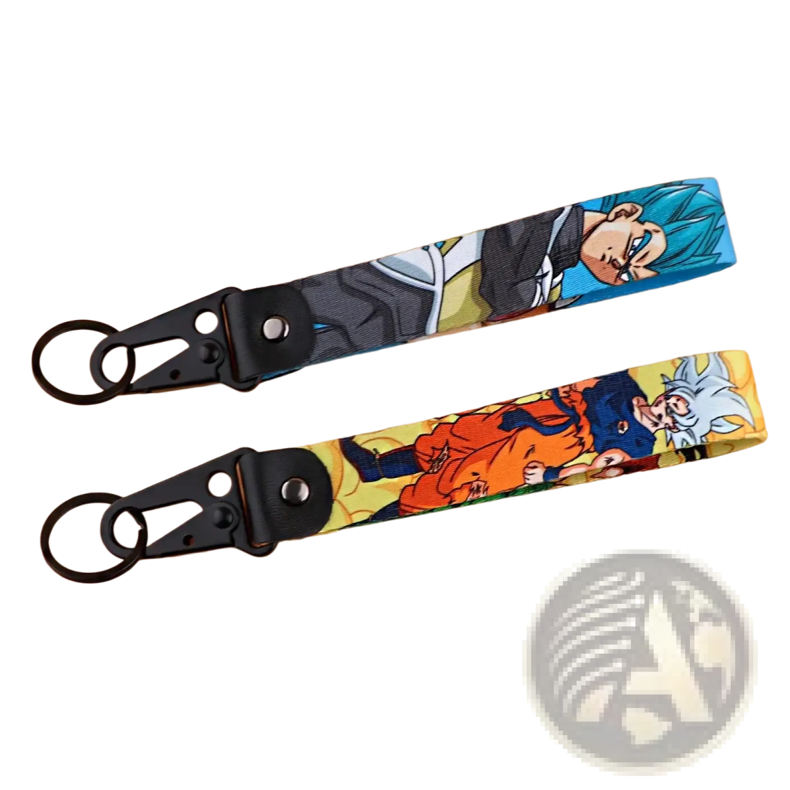 Two colorful dragon ball z goku and vegeta fabric lanyard keychains with black metal clasps for easy attachment