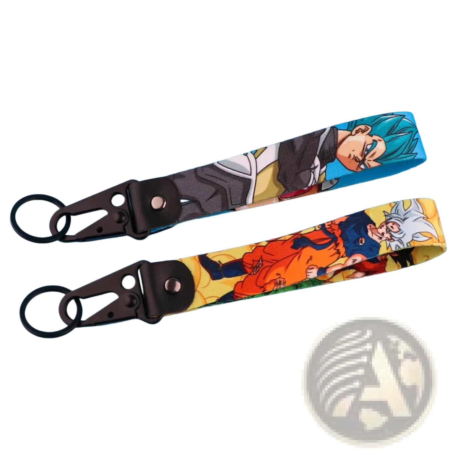 Dragon ball z goku and vegeta fabric lanyard keychain set with colorful anime character designs on blue and yellow backgrounds