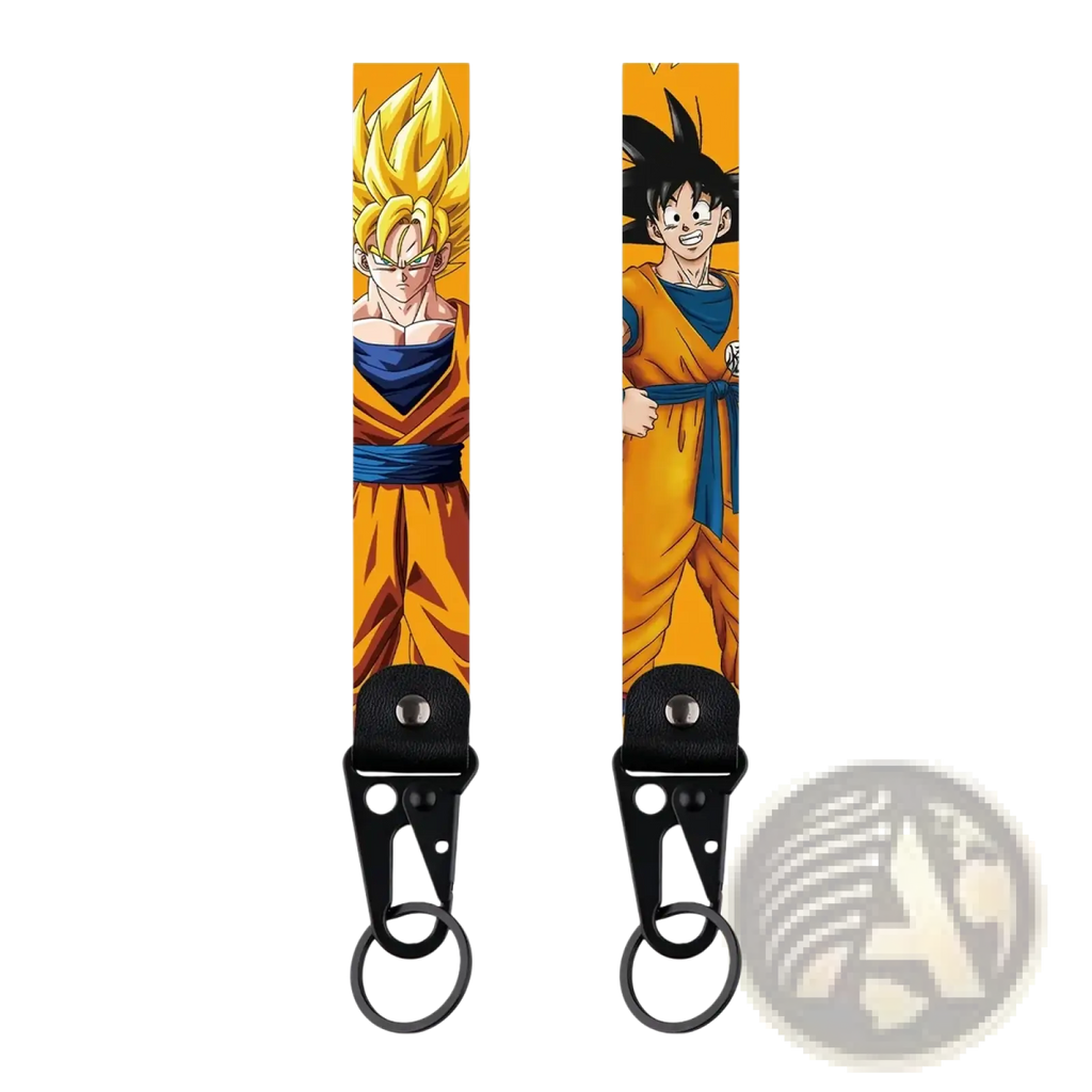 Two dragon ball z goku keychains in super saiyan and normal form with black metal clip and ring fabric lanyard set