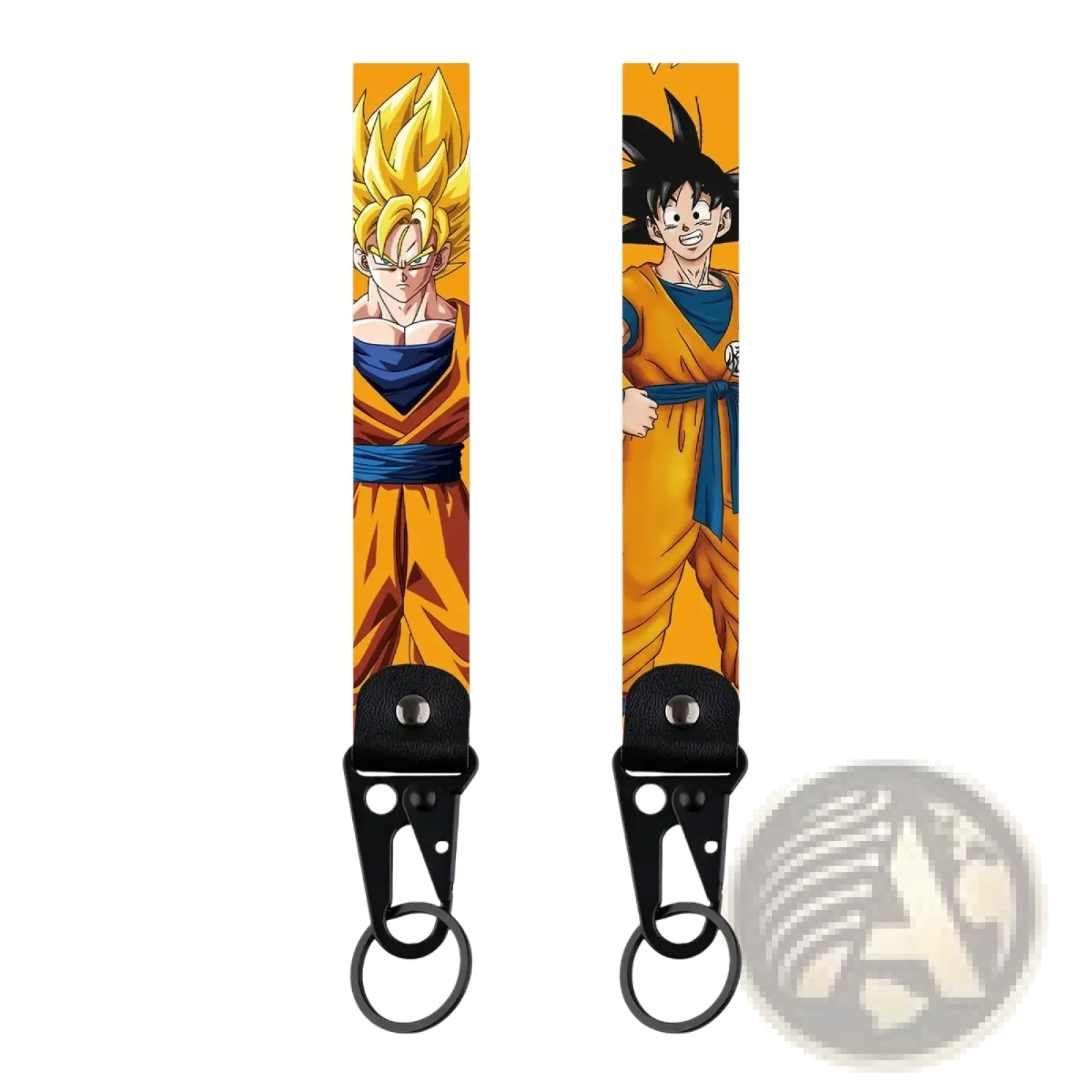Two dragon ball z goku keychains in super saiyan and normal form with black metal clip and ring fabric lanyard set