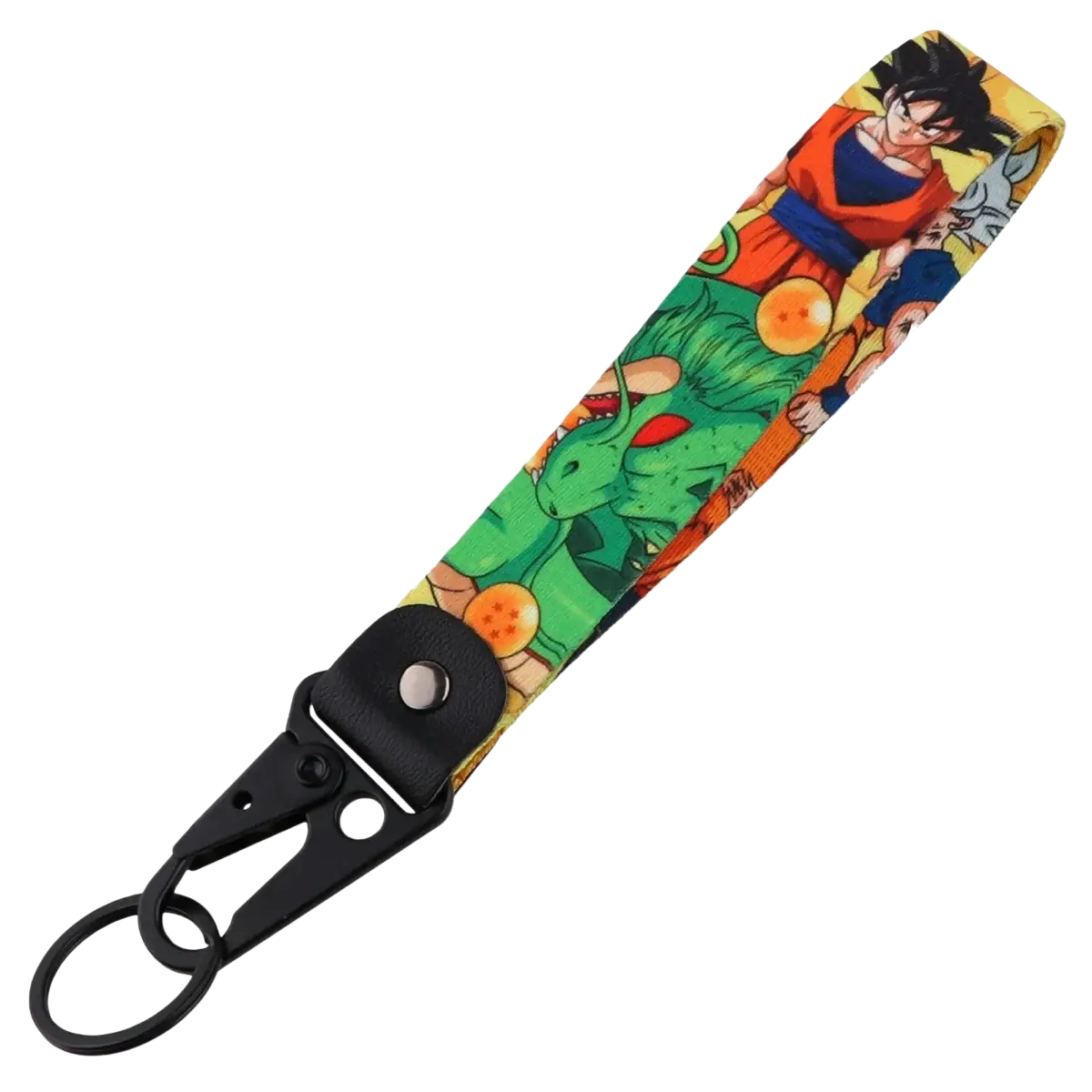 A vibrant colorful dragon ball z goku and vegeta fabric lanyard keychain set with black plastic and metal hardware