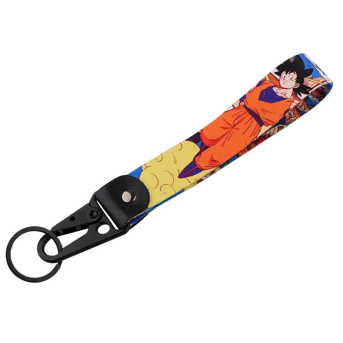 A vibrant orange and blue fabric keychain featuring goku from Dragon Ball Z with black metal hardware