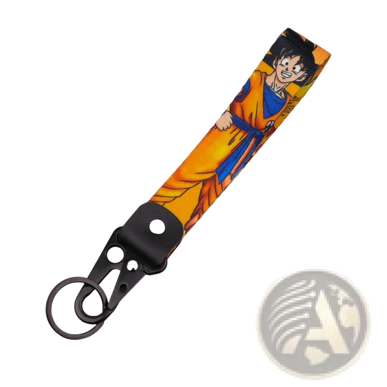 A vibrant orange and blue goku fabric keychain strap with printed anime design and black leather-like hardware