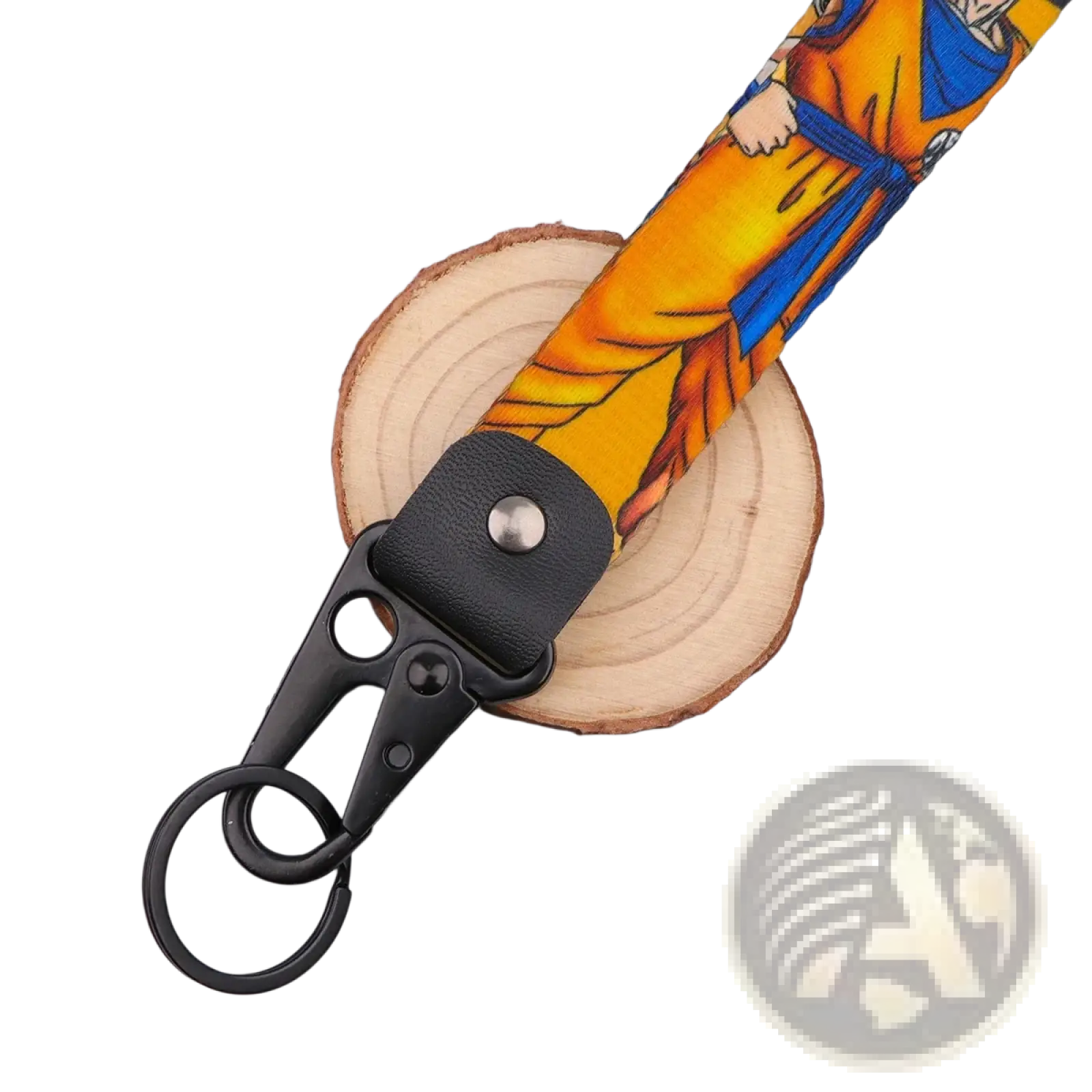 A vibrant orange and blue goku-themed fabric lanyard keychain strap with a black metal clasp from dragon ball z set