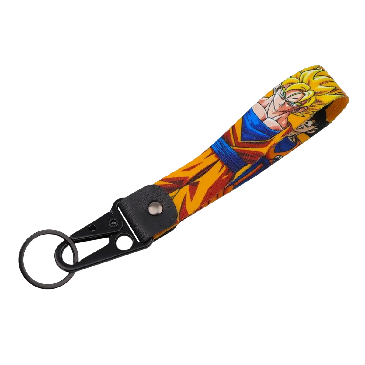 Vibrant yellow and orange fabric keychain with printed anime character goku attached to a black metal clip for dragon ball z fans