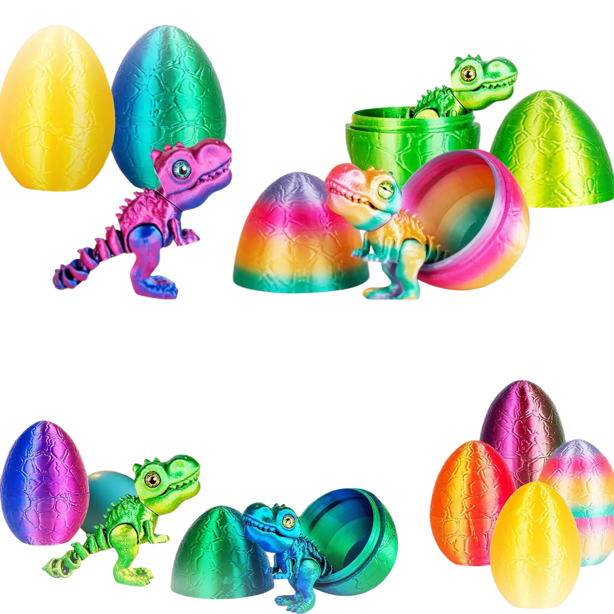 Colorful glossy plastic dragon egg toys with metallic finishes reveal articulated dinosaurs inside vibrant textured containers