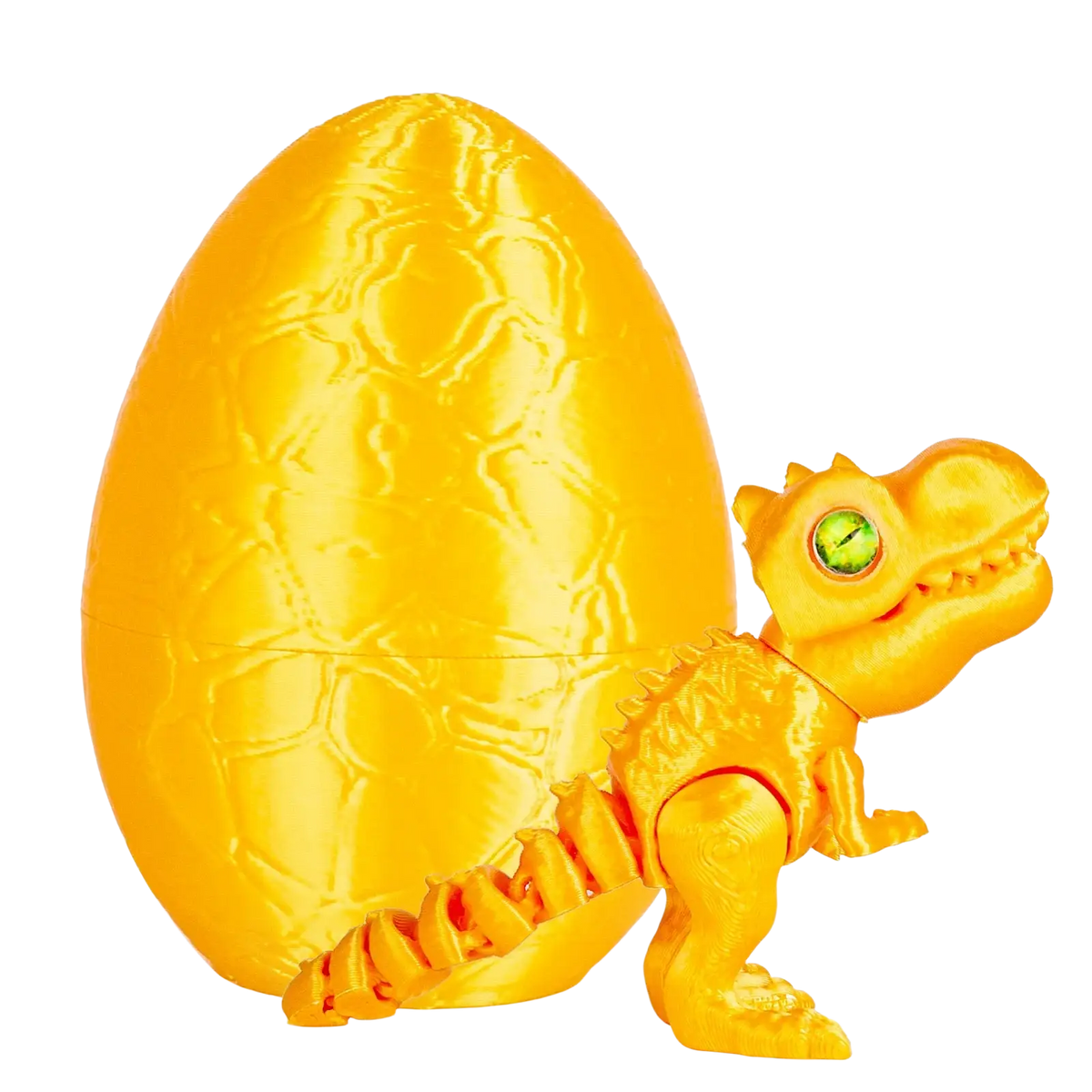 Golden plastic articulated dinosaur toy with green eye standing beside matching golden dragon egg container