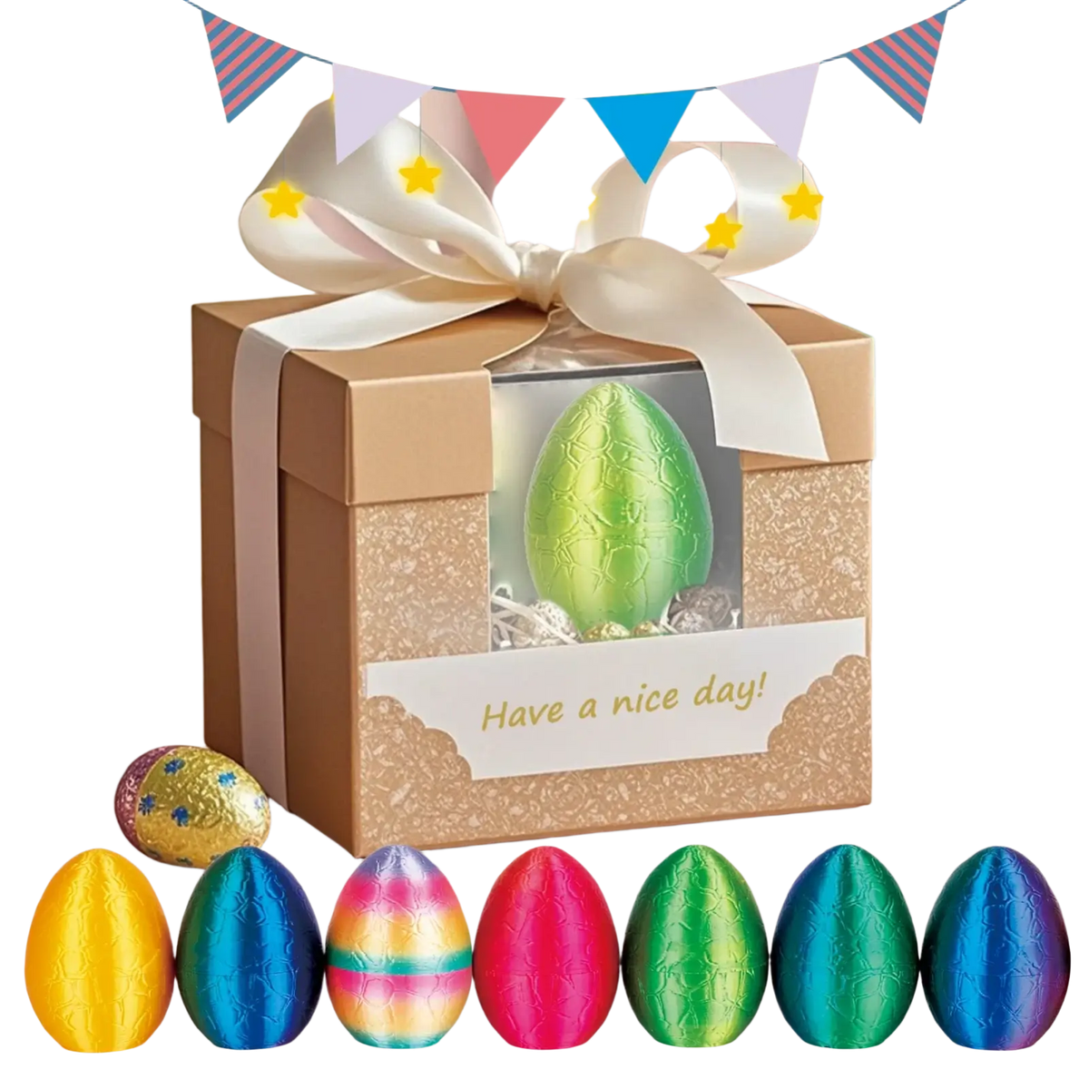 A shimmering green dragon egg chocolate in a gold gift box with white satin bow featuring dragon inside toy