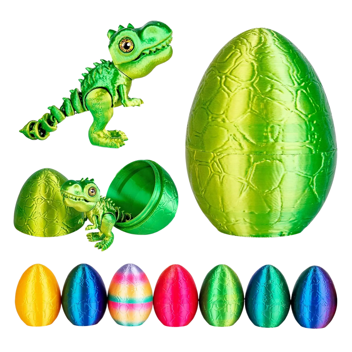 Green metallic articulated dinosaur toy emerging from textured iridescent dragon egg with colorful dragon eggs below