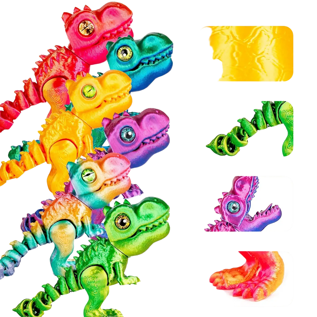 Multi-colored flexible plastic articulated dinosaur toy with posable legs depicting dragon eggs and a dragon inside