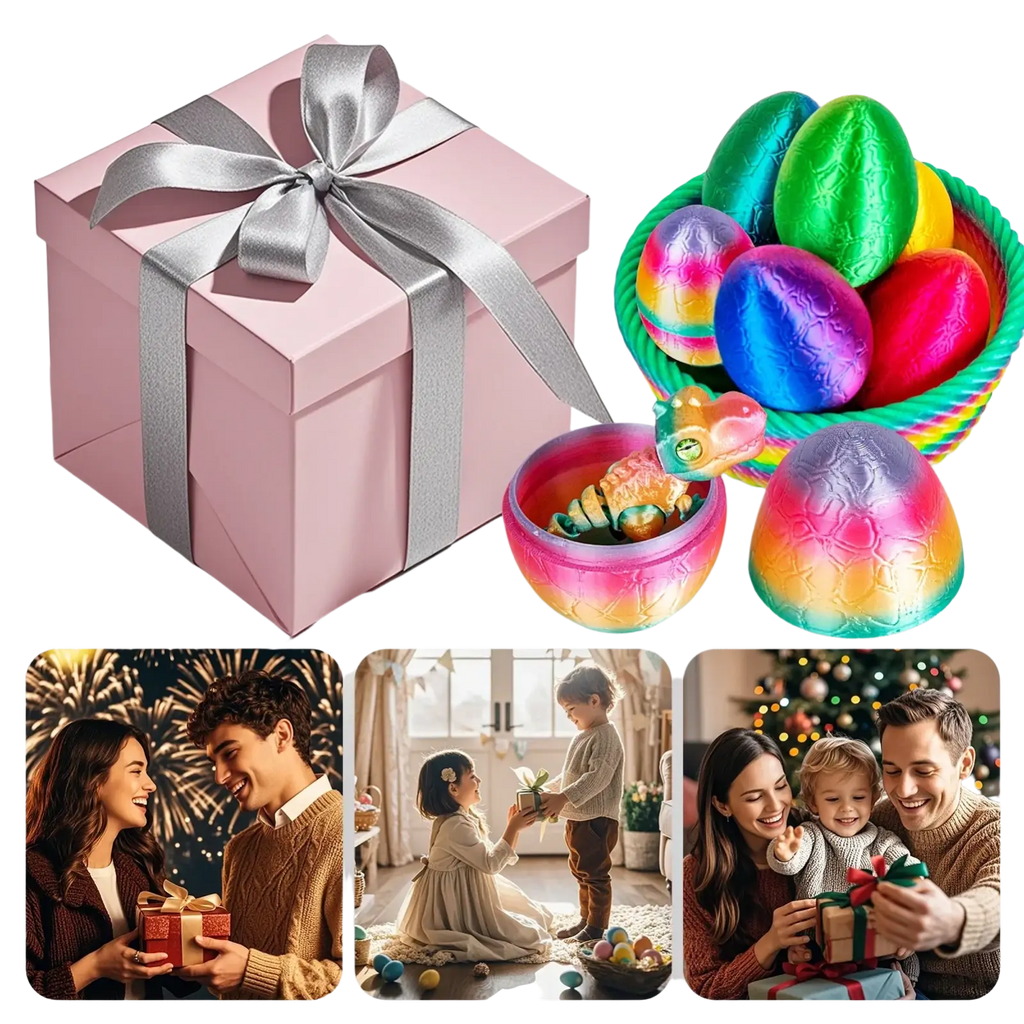 Pink gift box with silver ribbon bow containing a dragon egg with articulated dinosaur toy inside