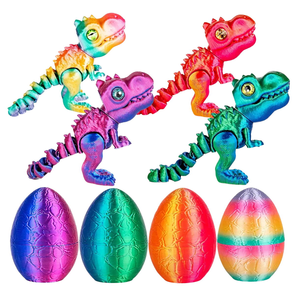 Metallic rainbow-colored articulated dinosaur toy with iridescent scales and glowing eyes inside a dragon egg product