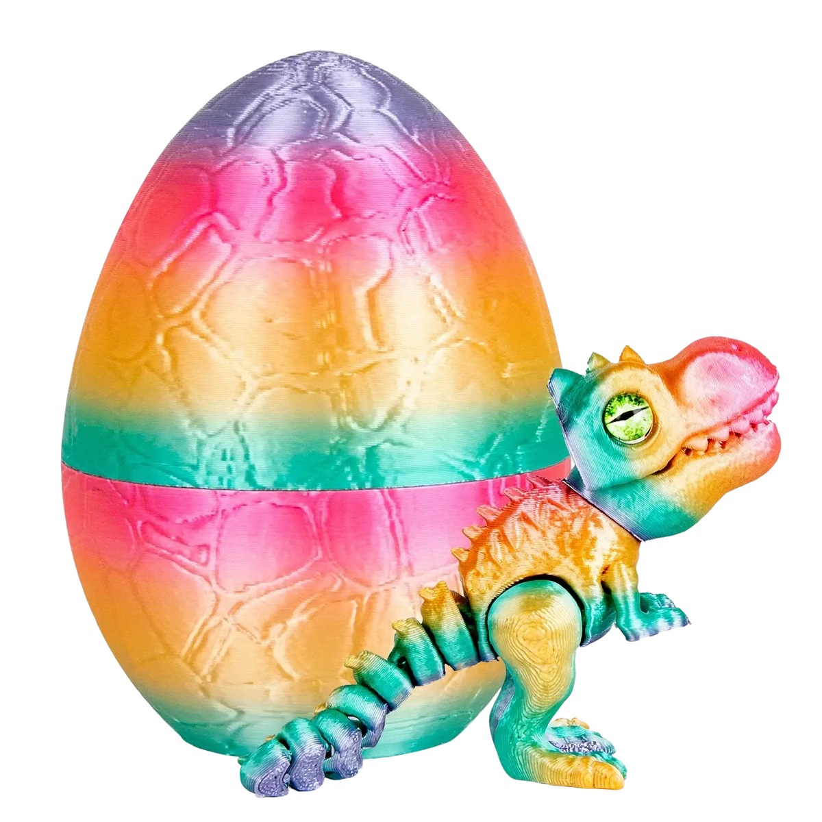 Rainbow gradient plastic dragon egg with textured shell and articulated t-rex dragon inside figure emerging