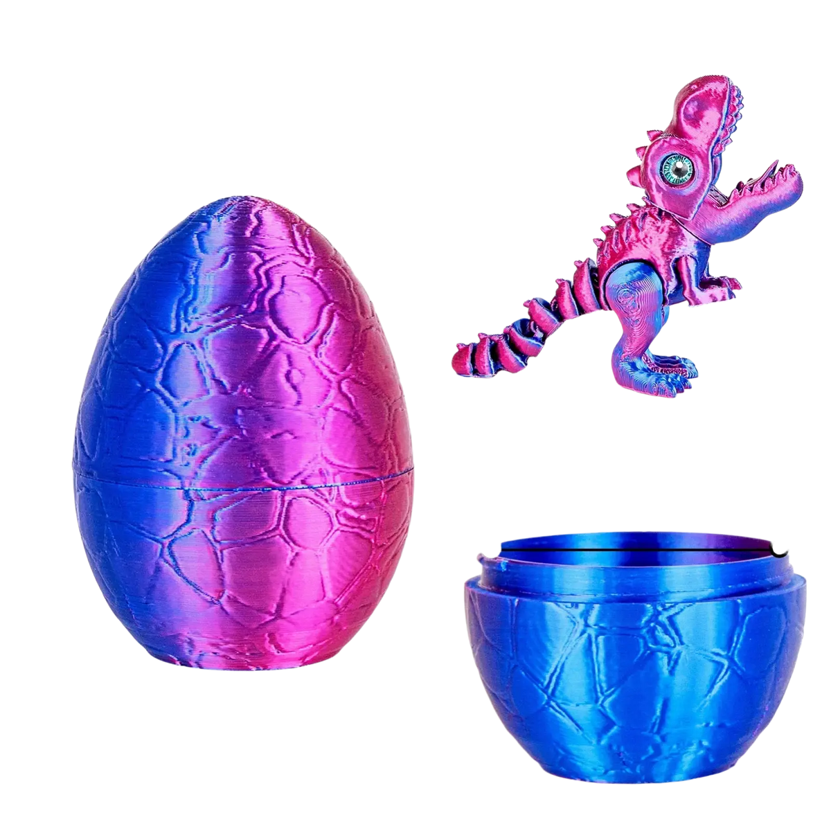 A shiny iridescent purple and blue dragon egg toy with textured shell opening to reveal a small dragon inside figure