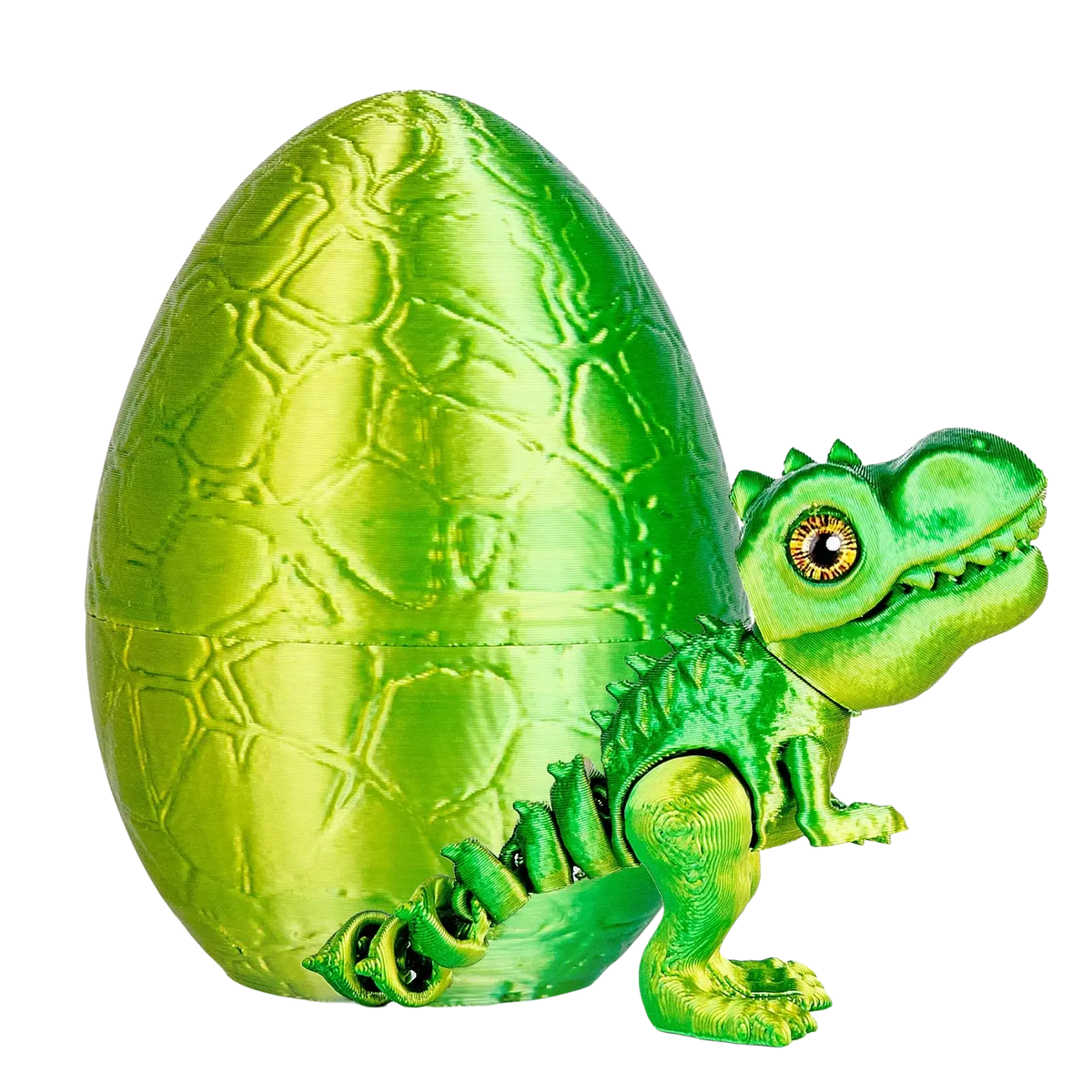 A shiny metallic green articulated dinosaur toy emerges from a matching dragon egg with textured shell pattern