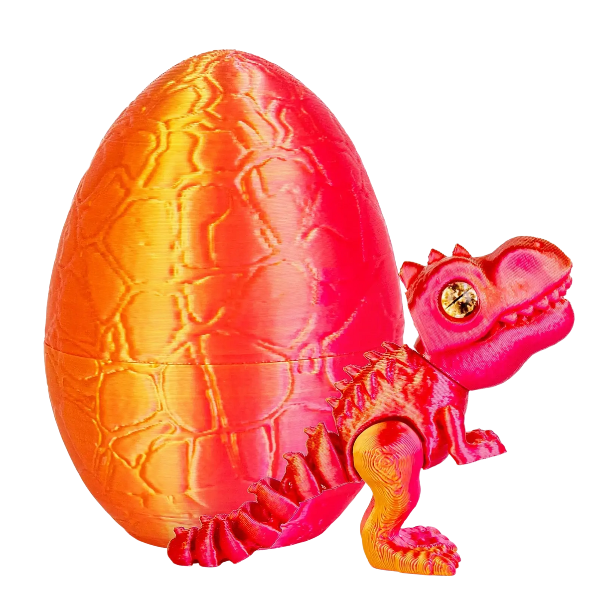 Dragon egg with vibrant orange-to-red gradient textured shell and matching pink-orange articulated t-rex dinosaur toy