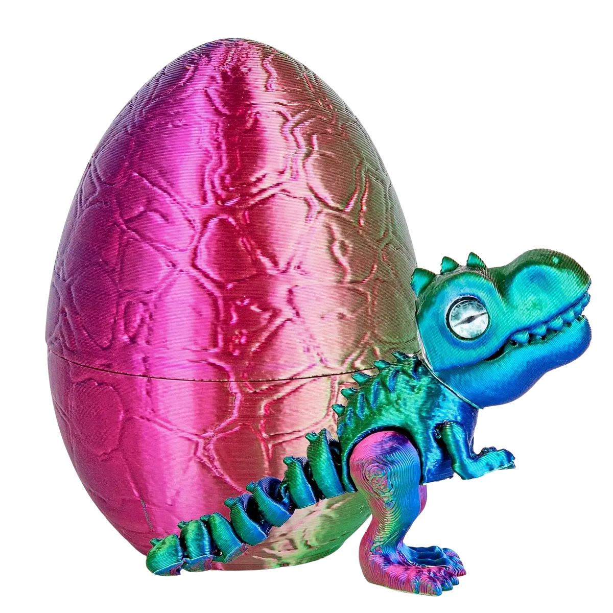 A vibrant iridescent dinosaur toy with rainbow finish emerging from a glossy multicolored dragon egg container
