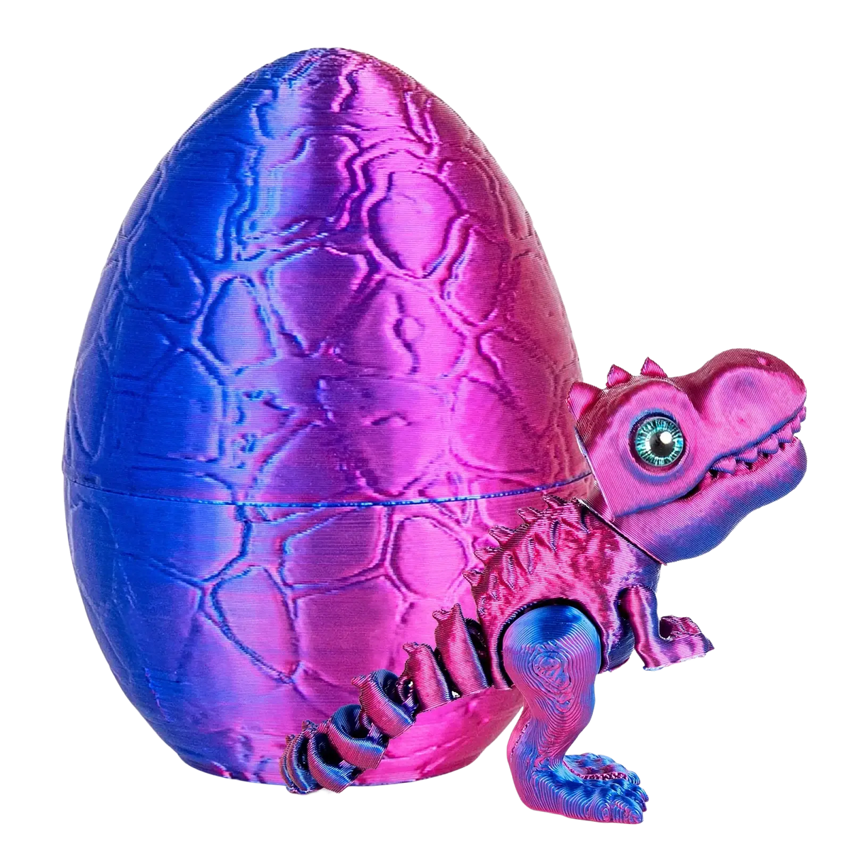 A vibrant iridescent articulated dinosaur toy hatches from a textured blue and pink dragon egg with dragon inside detail