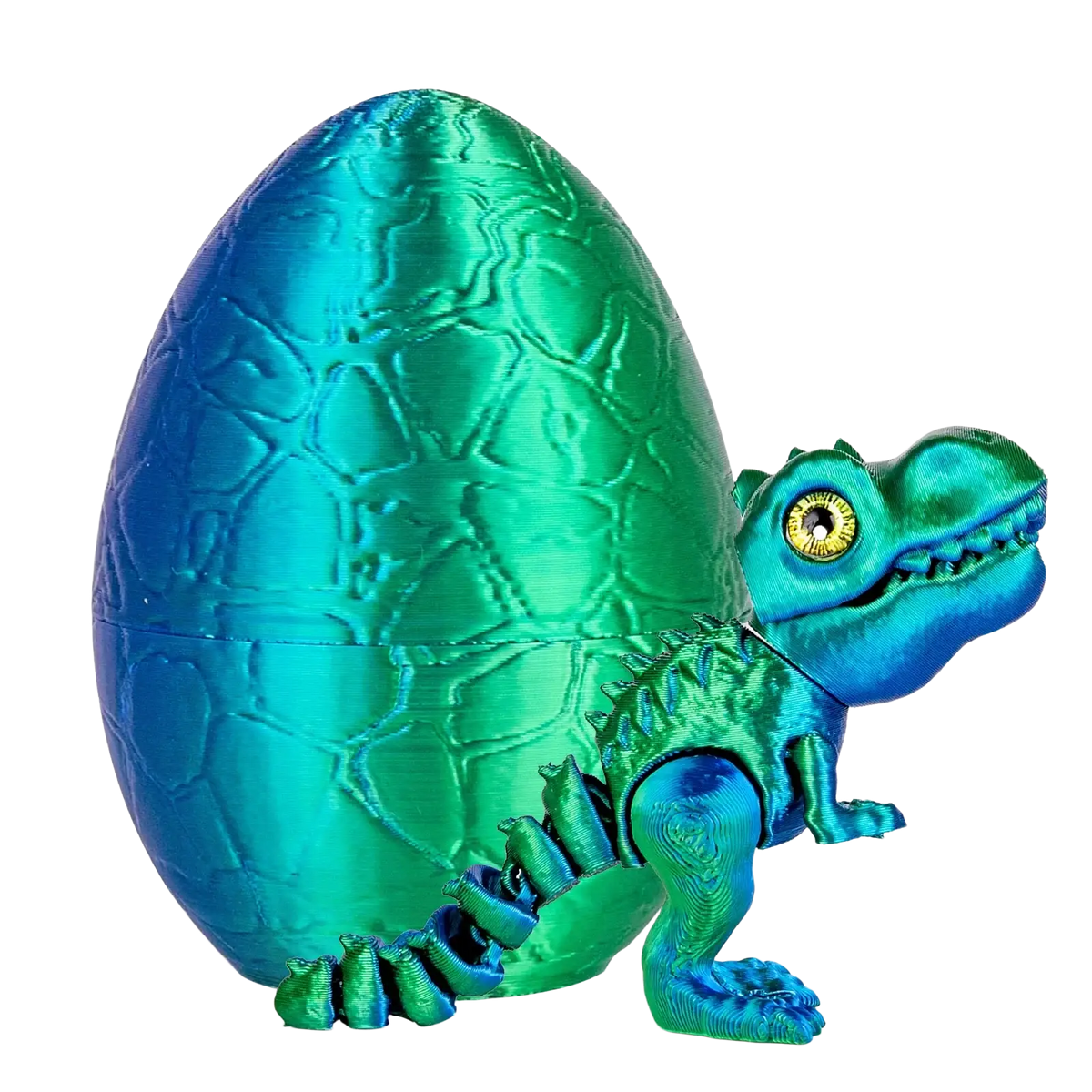 A vibrant iridescent green and blue articulated dinosaur toy emerging from a textured dragon egg container