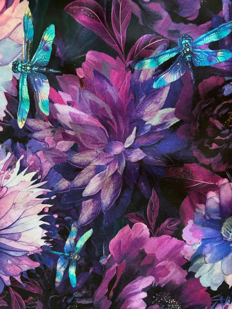 Dragonfly floral greta v-neck cotton flare dress featuring vibrant purple and teal dragonfly print fabric with floral design