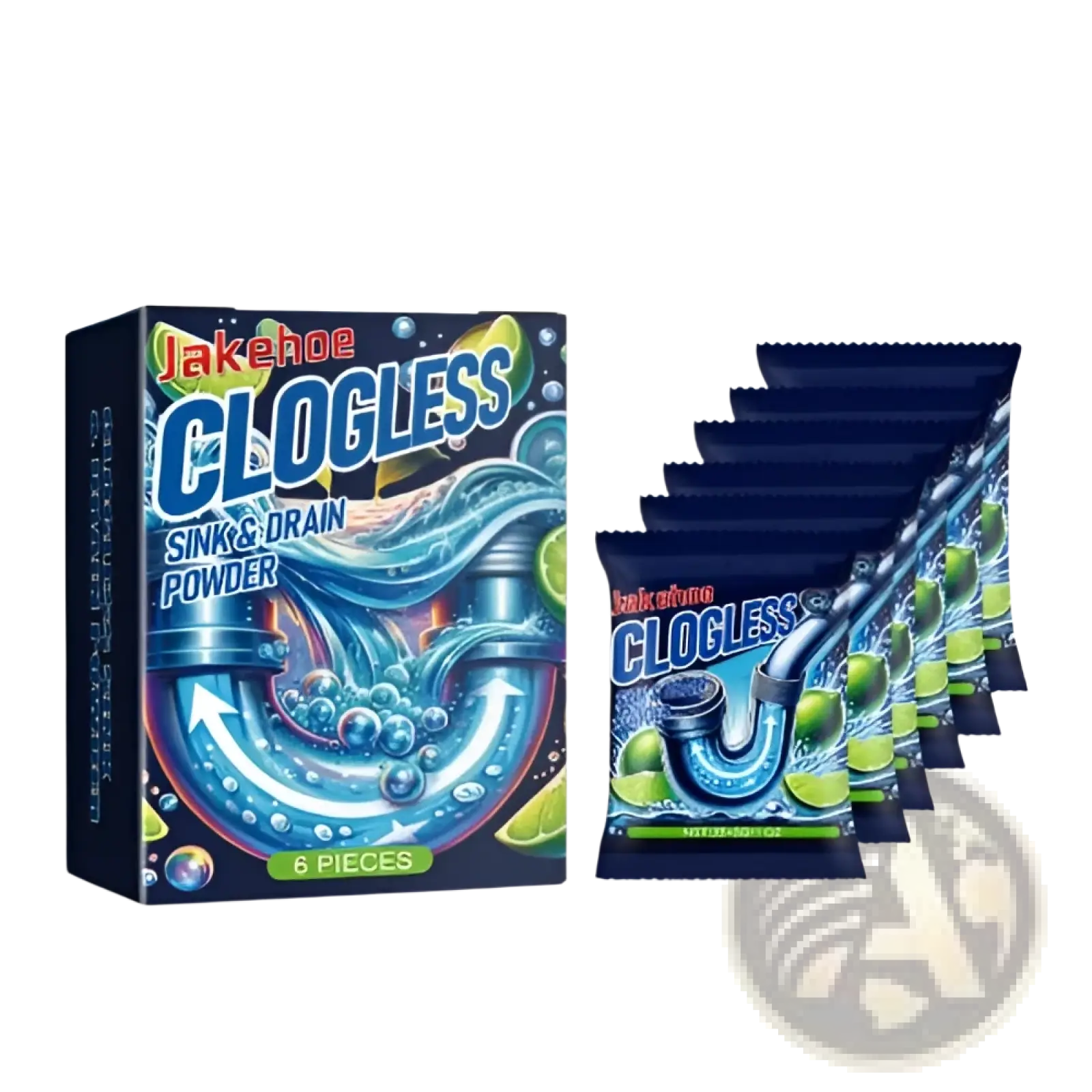 Blue-packaged jakehoe clogless sink and drain powder with lemon pipe graphic for 250g drain cleaning and clog removal