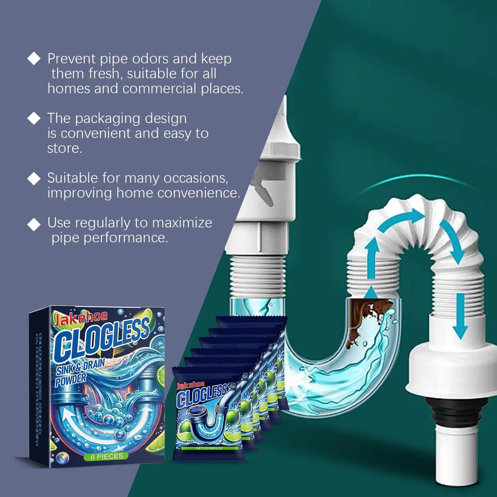 Blue and green packaged jakehoe clogless sink and drain powder lemon scent for odor prevention and pipe clog removal 250g