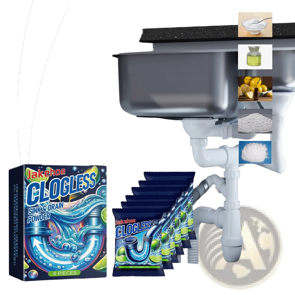 Jakehoe clogless sink and drain powder lemon pipe clog remover in a blue and green box with six packets for plumbing cleaning