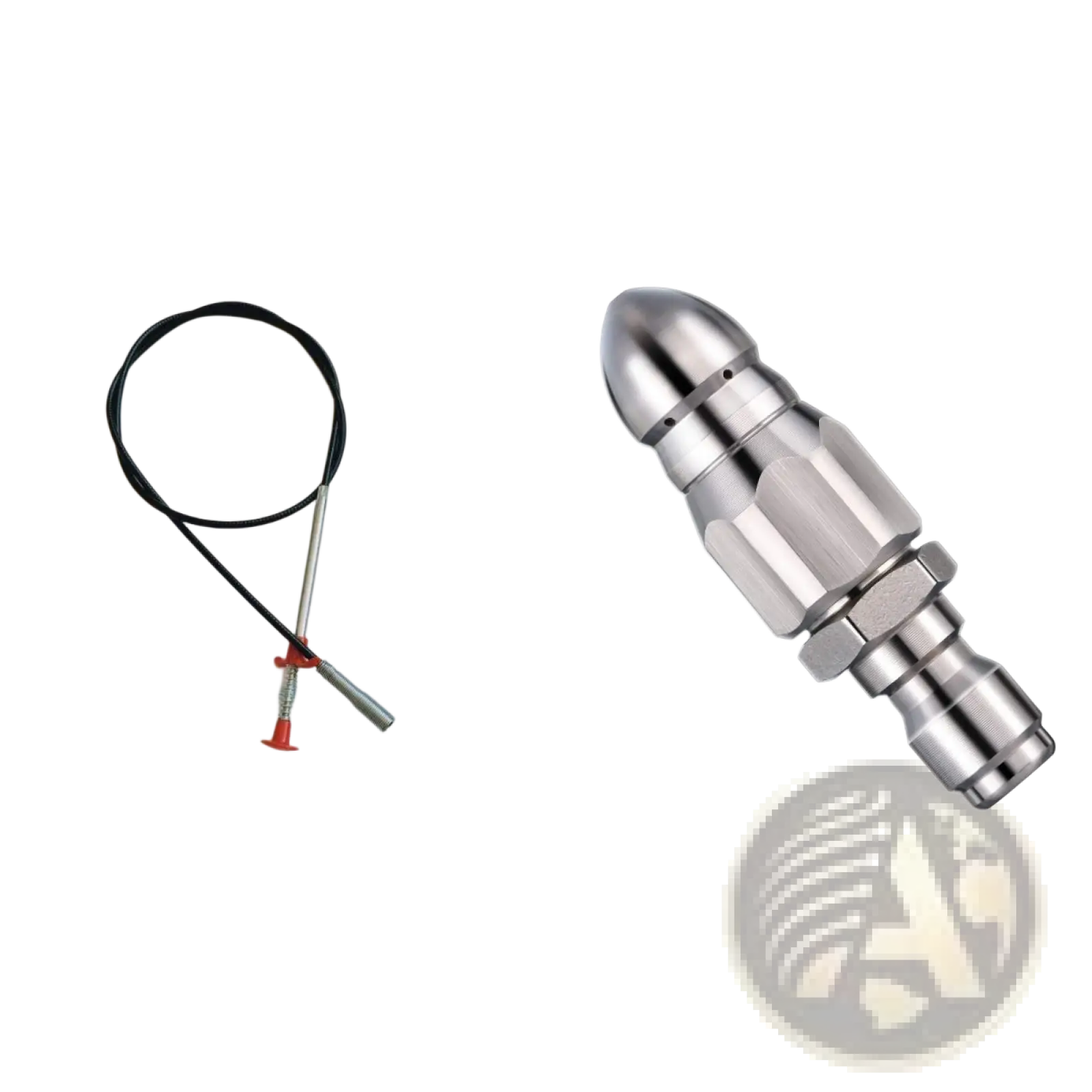 Silver metallic nozzle with hexagonal grooves and threaded connections on drain clog remover 60cm flexible spring pipe tool