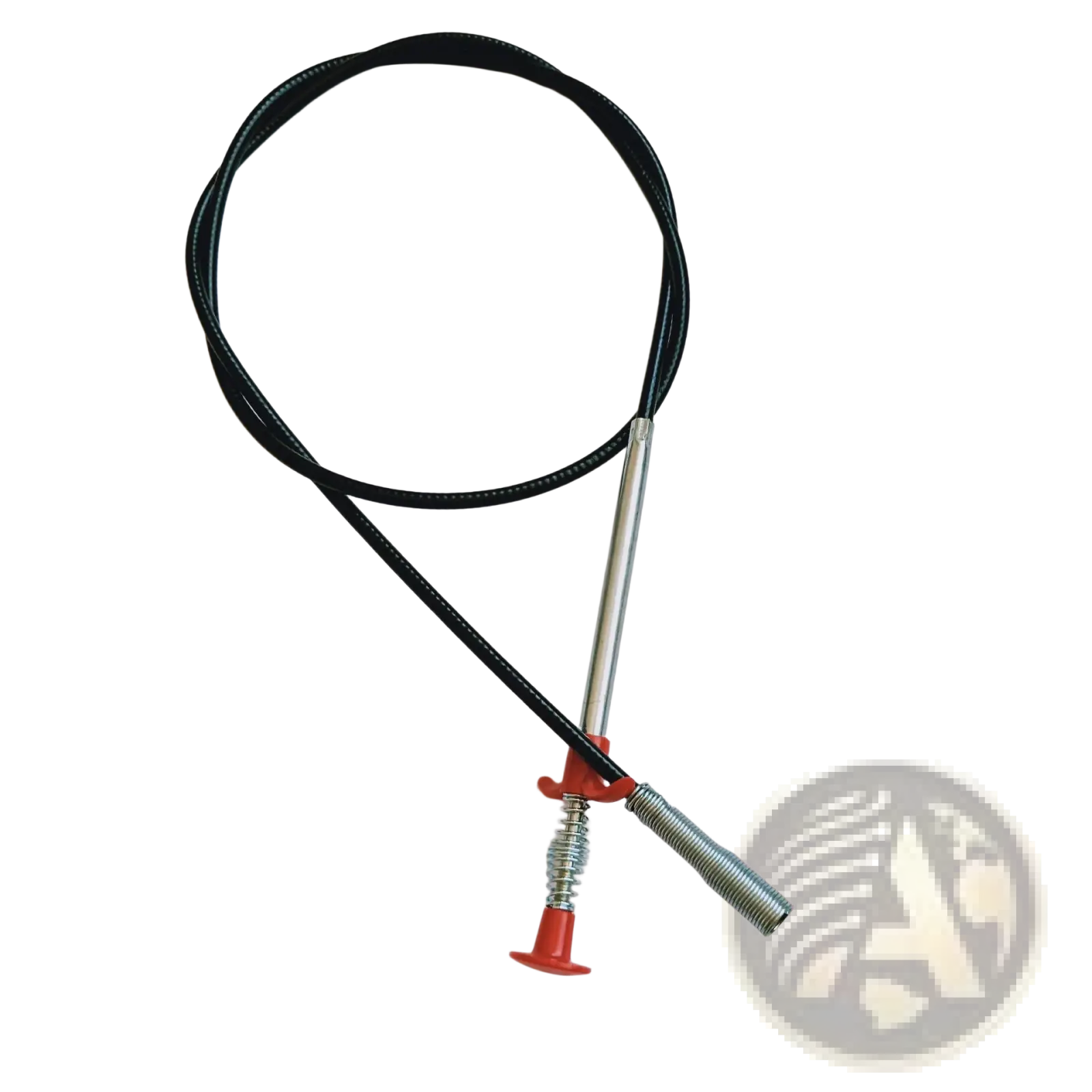 Black coiled drain clog remover cable with silver metal rod and red plastic handle featuring spring gripping mechanism