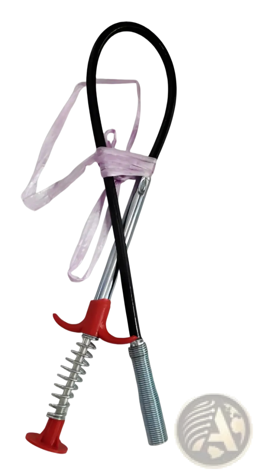 Black and red drain clog remover with 60cm flexible spring pipe tool and metallic shaft for pipe cleaning