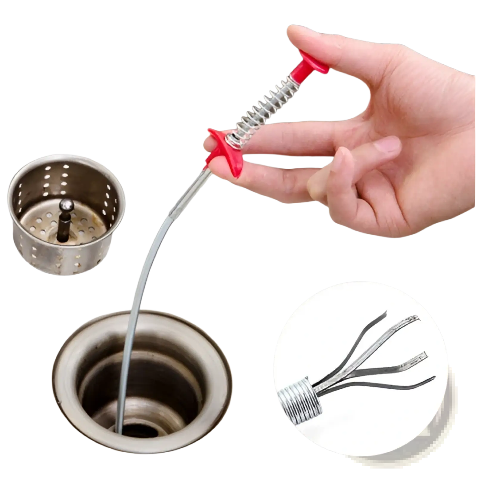 Red-handled 60cm stainless steel drain clog remover with flexible spring pipe tool and three-pronged tip
