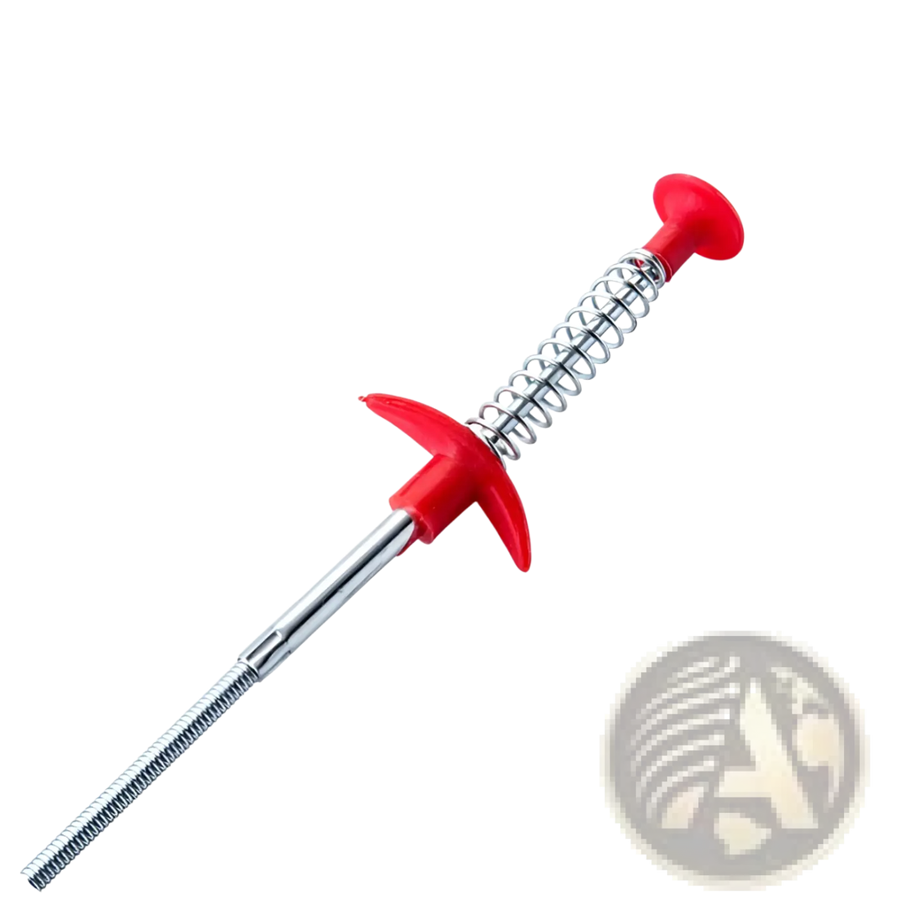 Red plastic-handled drain clog remover with flexible metallic spring and threaded metal shaft pipe tool 60cm