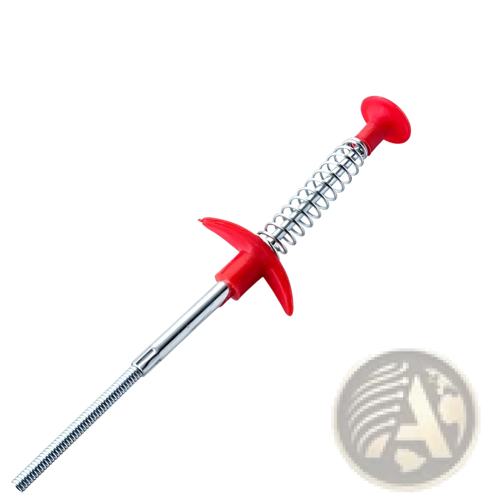 Red plastic-handled drain clog remover with flexible metallic spring and threaded metal shaft pipe tool 60cm