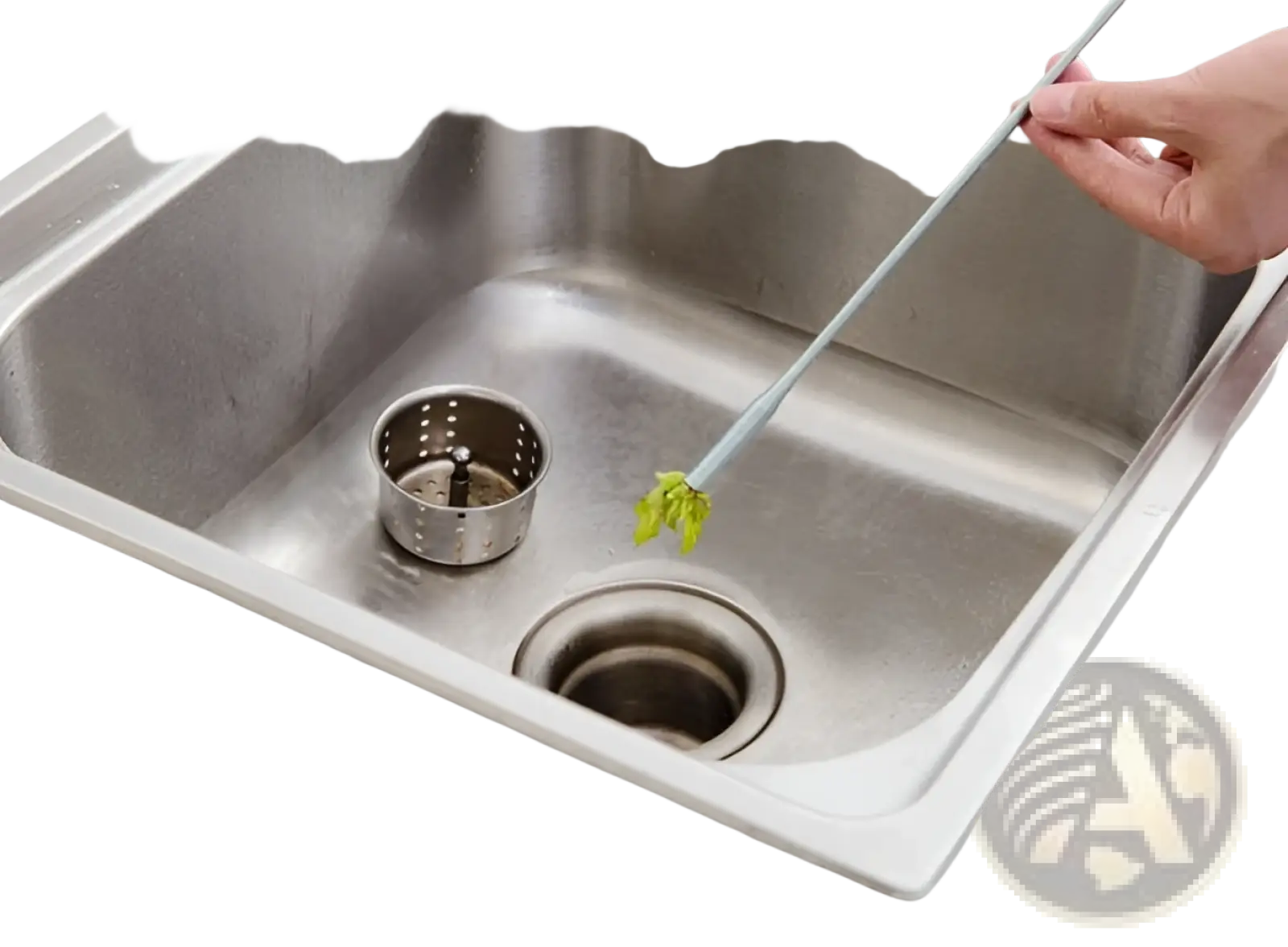 A stainless steel drain clog remover 60cm flexible spring pipe tool with a green leaf-shaped head removing debris