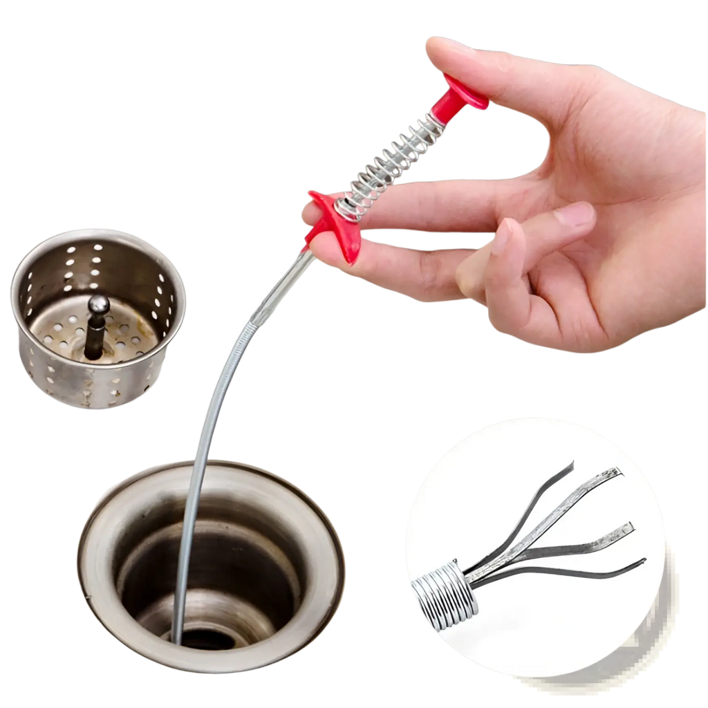 Red-handled 60cm stainless steel drain snake with flexible metal shaft and spring-loaded tip for clog removal
