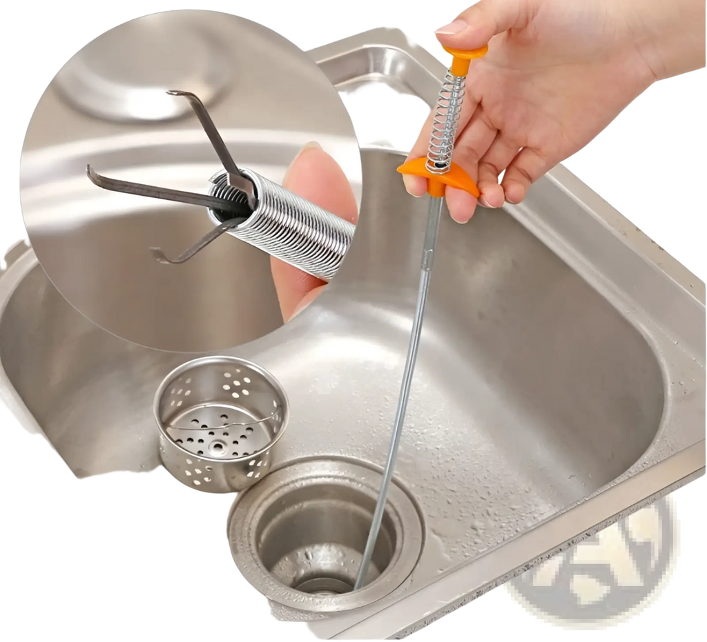 Orange-handled stainless steel drain clog remover with flexible spring mechanism and claw tip for pipe cleaning