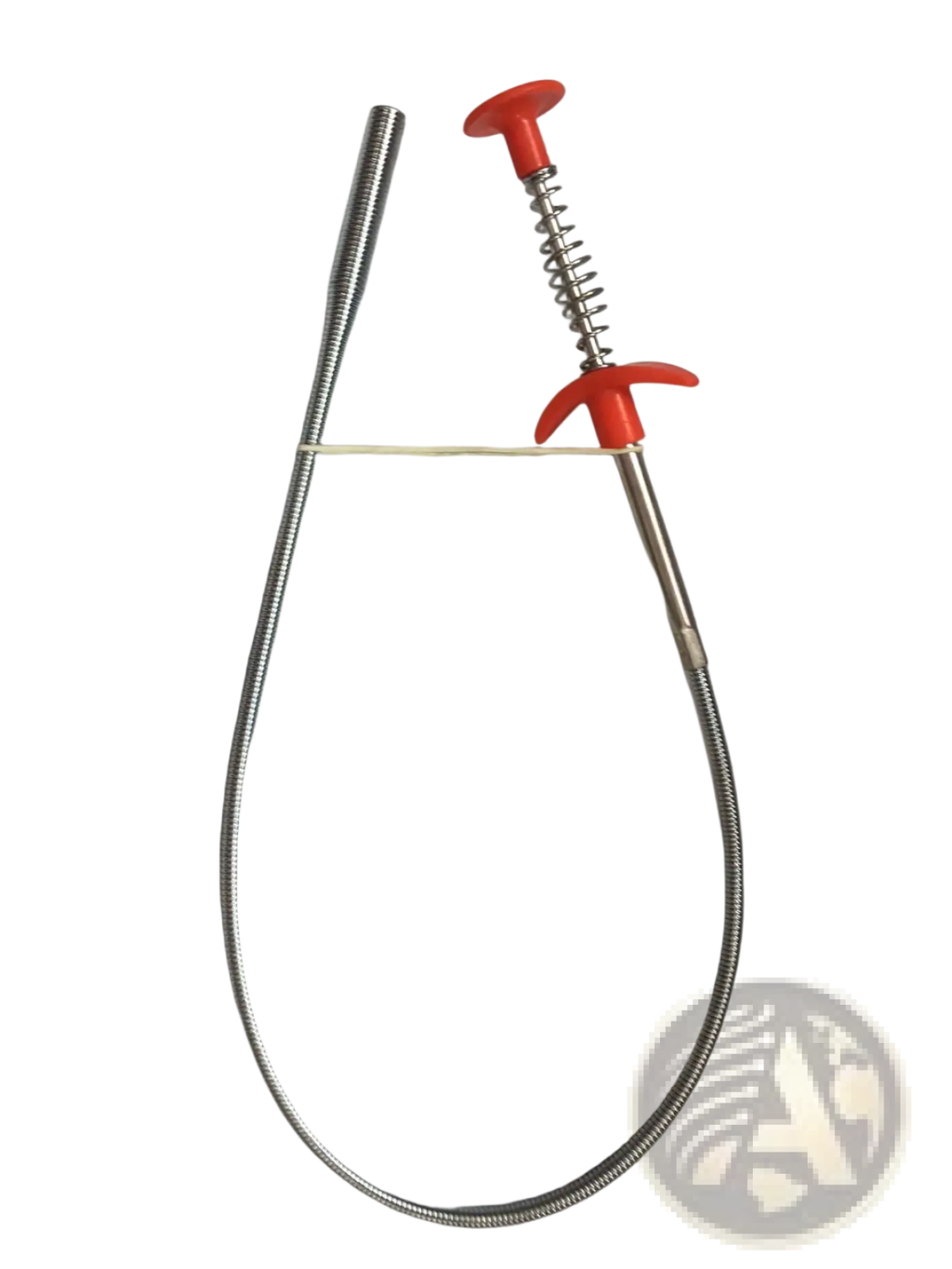 Red-handled spring-loaded drain clog remover with 60cm flexible metal shaft for pipe cleaning