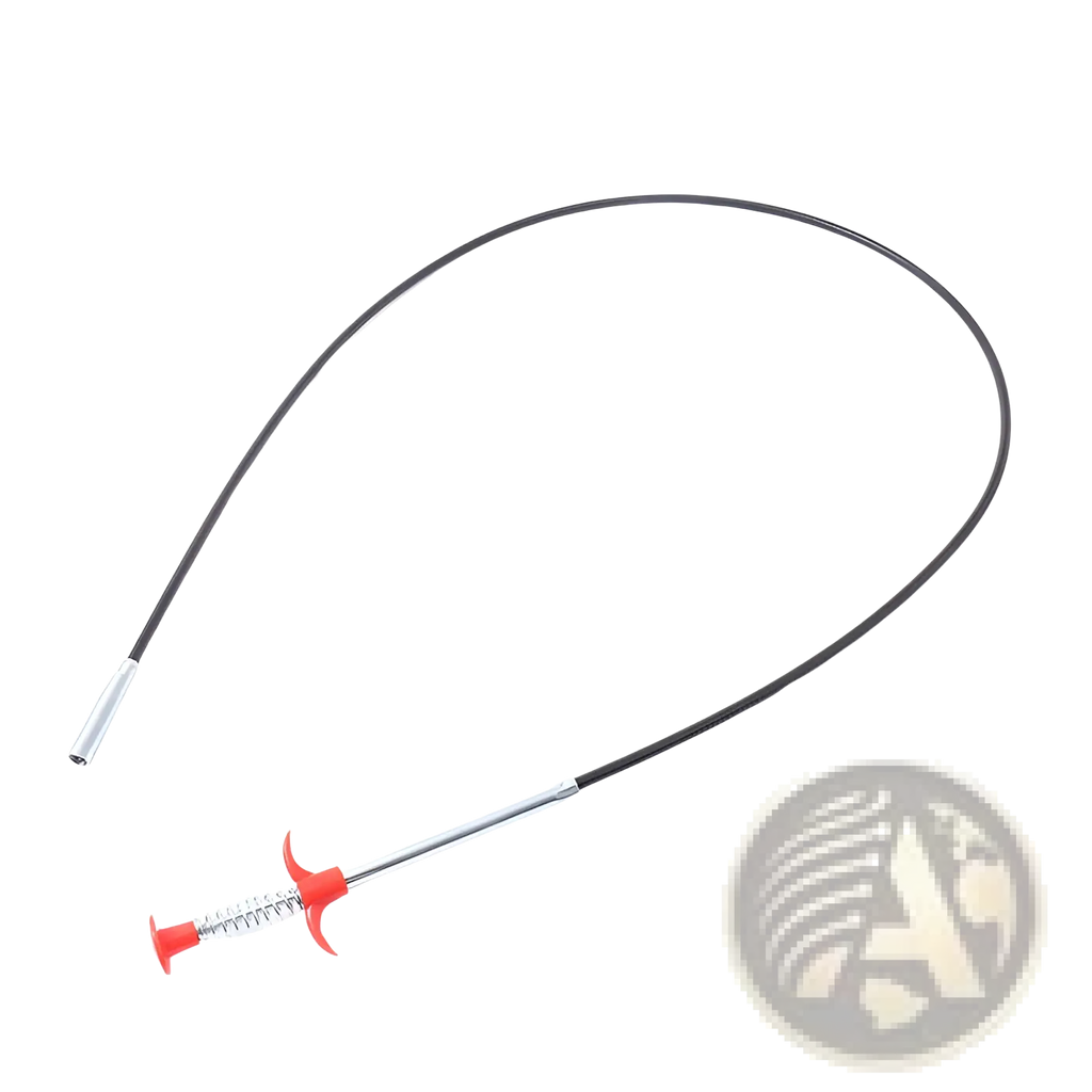 Drain clog remover with a red plastic handle spring mechanism metallic shaft and black flexible cable 60cm long