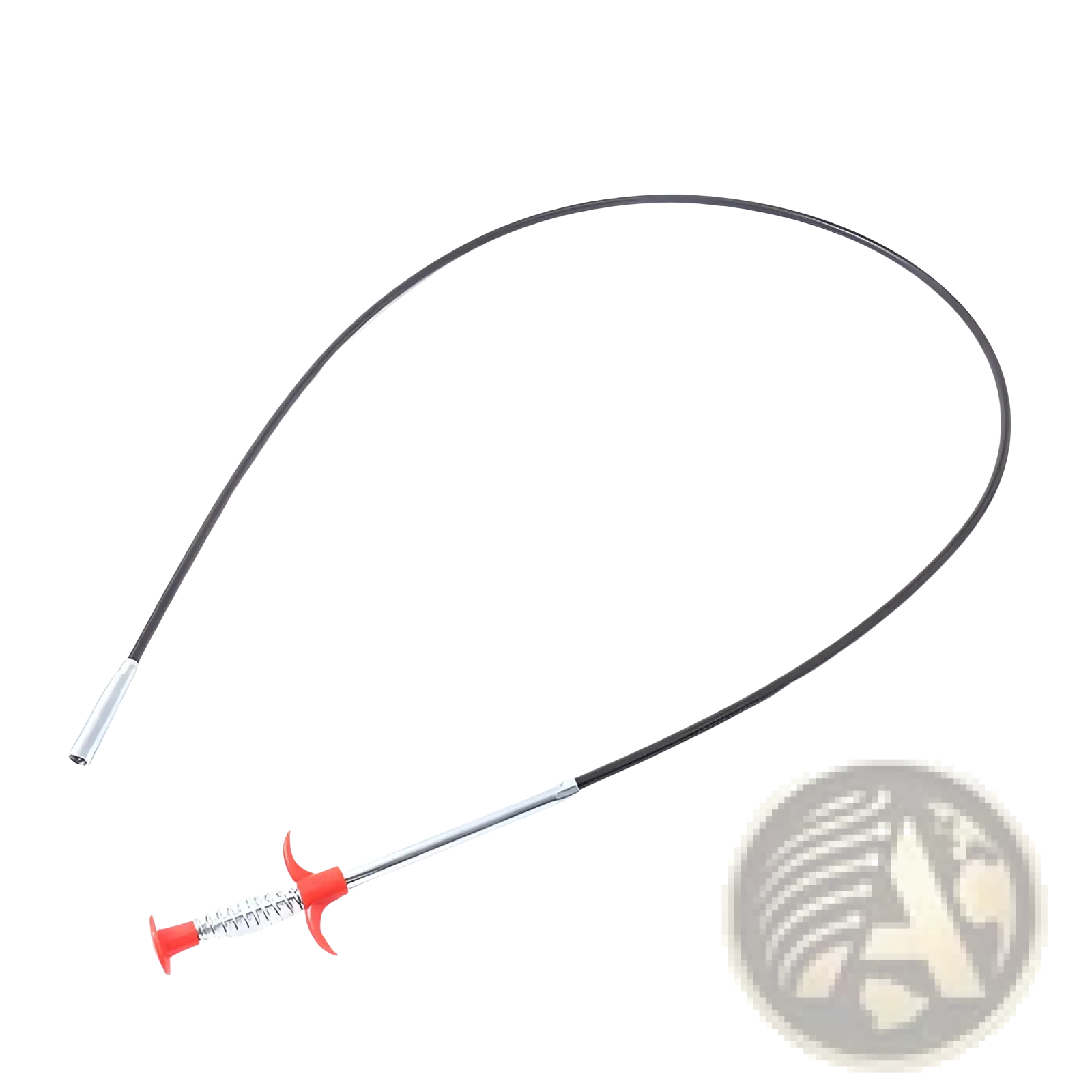 Drain clog remover with a red plastic handle spring mechanism metallic shaft and black flexible cable 60cm long