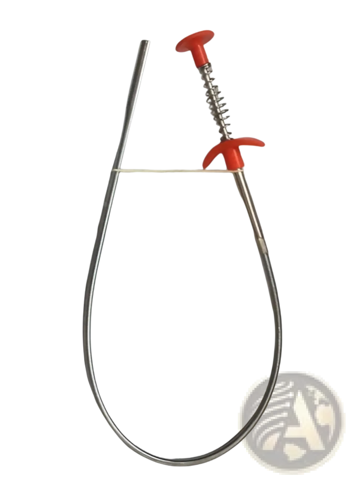 A flexible 85cm stainless steel drain snake with a red handle and spring mechanism for clog removal