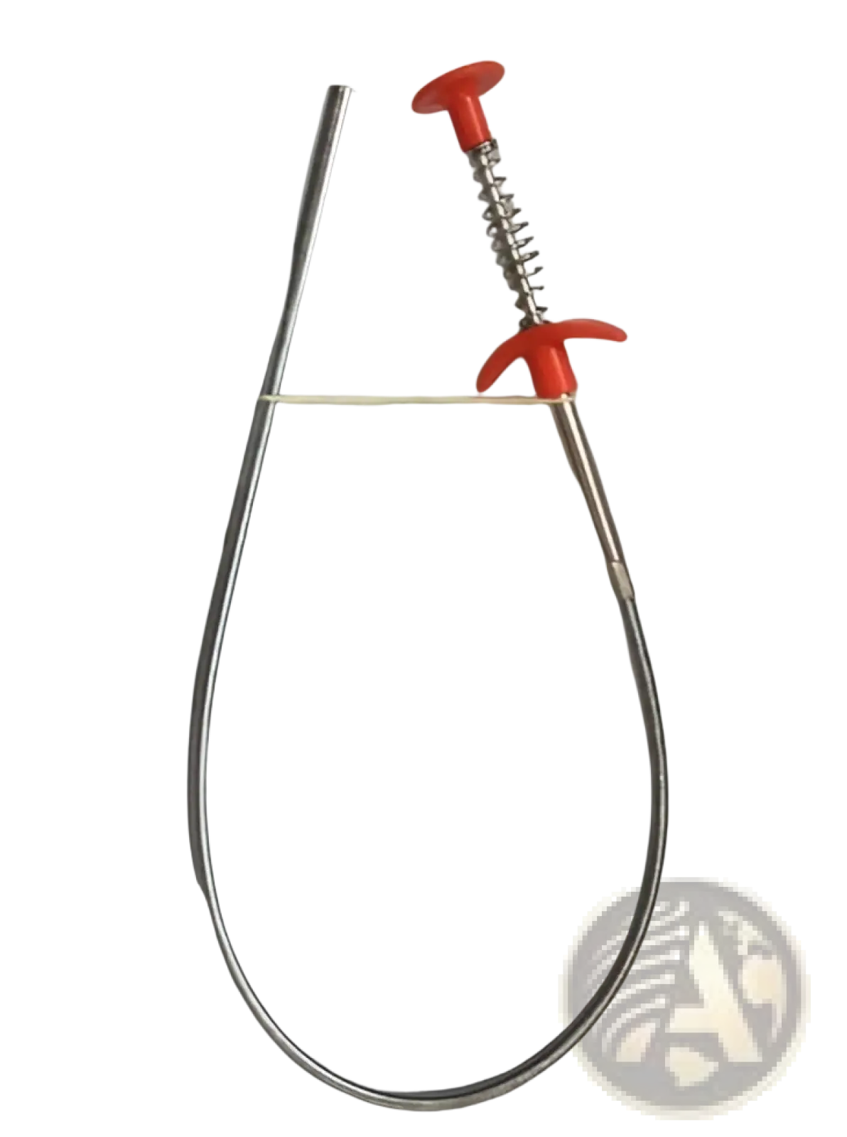 Red-handled drain clog remover 60cm flexible spring pipe tool with a metallic body for clearing drain clogs