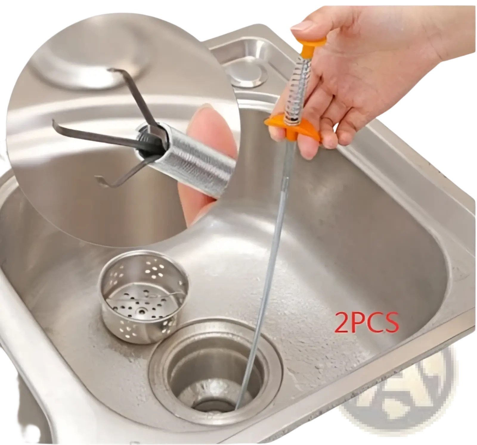Orange-handled stainless steel drain clog remover with spring-loaded mechanism and three-pronged tip 60cm flexible tool
