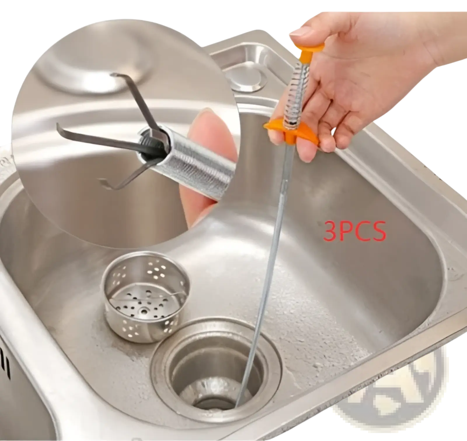 Orange-handled stainless steel drain clog remover with spring-loaded mechanism and three-pronged tip 60cm flexible tool