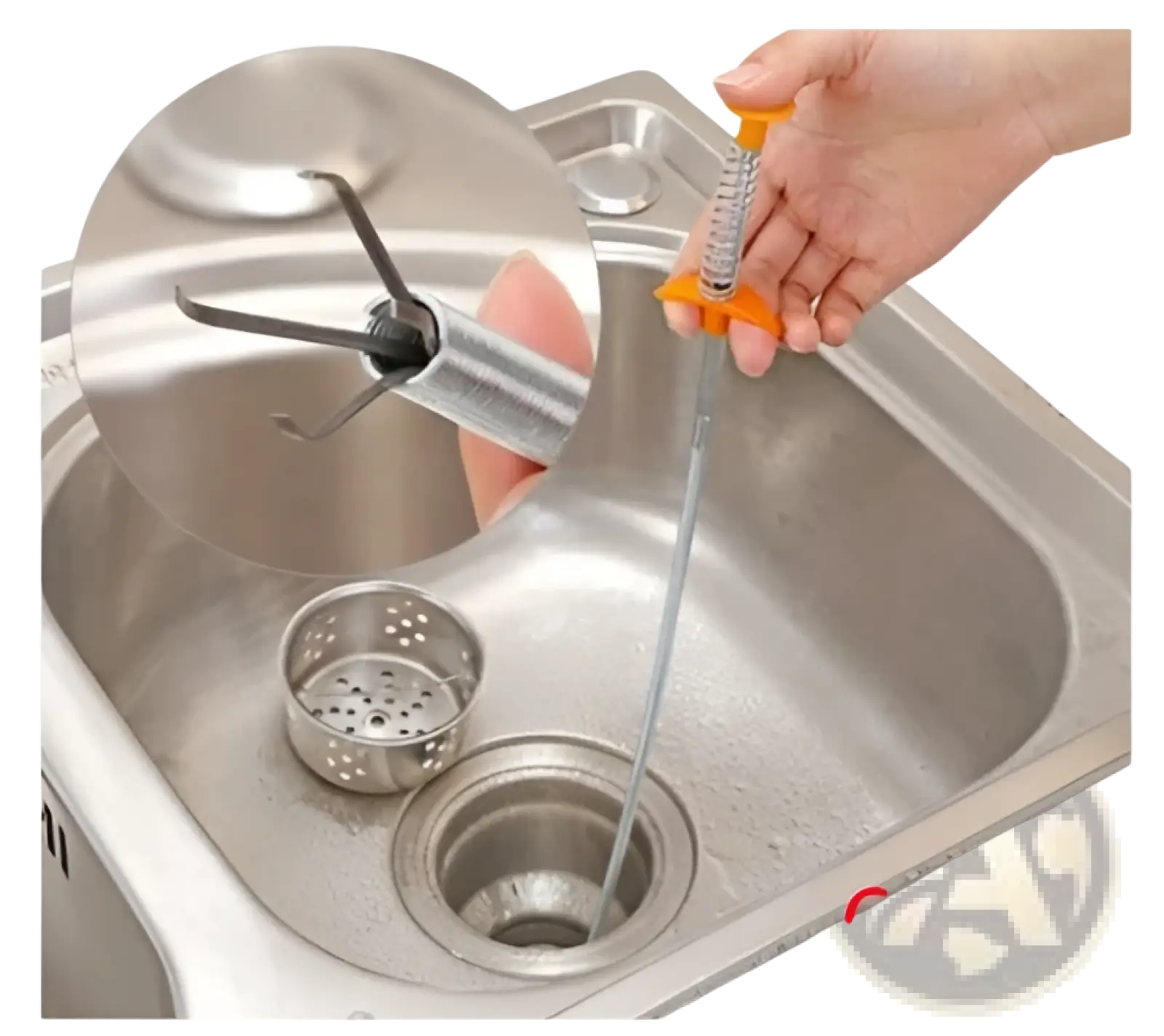 Orange-handled stainless steel sink drain snake with hook end and spring mechanism for clog removal 60cm long