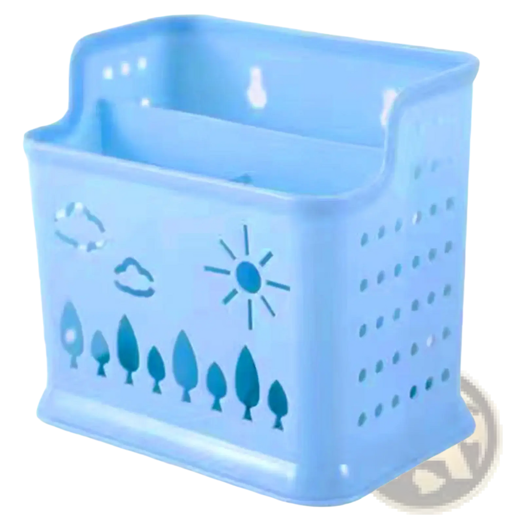 Light blue plastic draining chopstick holder with cloud sun and tree cut-out designs for utensil organization
