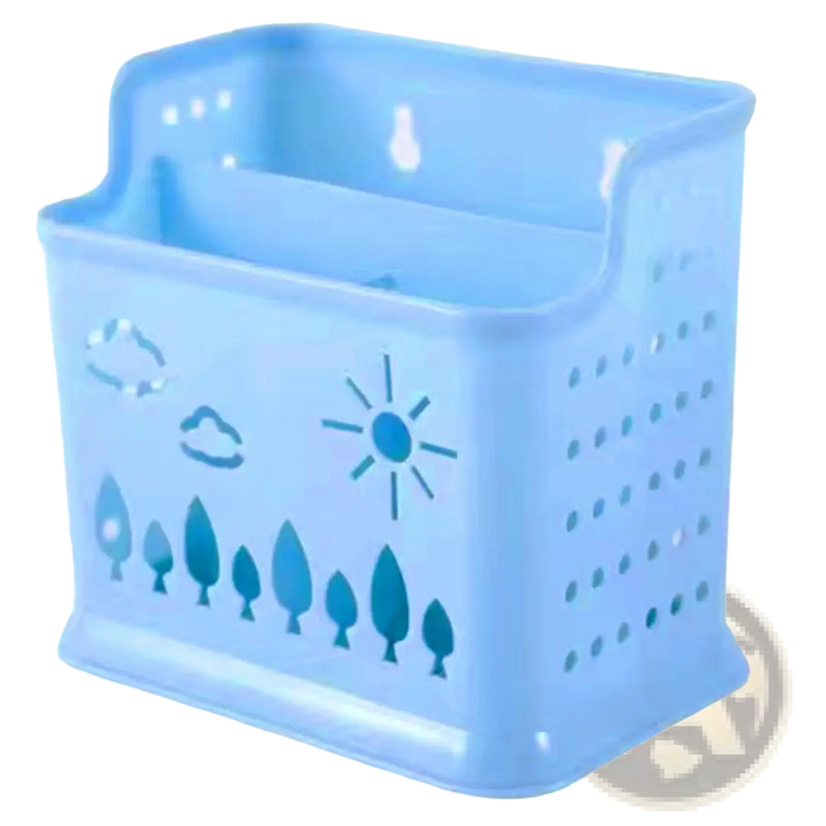 Light blue plastic draining chopstick holder with cloud sun and tree cut-out designs for utensil organization