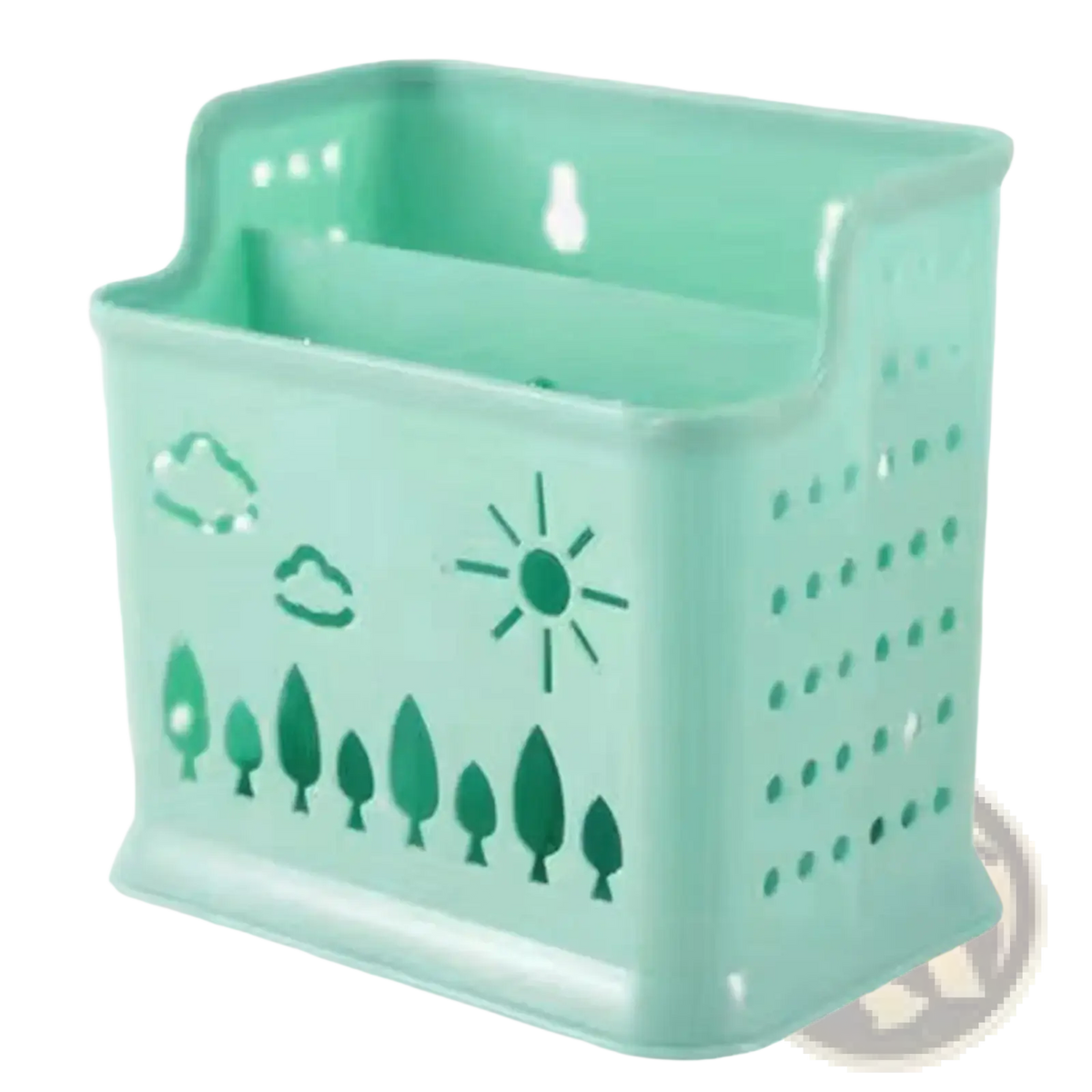 A mint green plastic draining chopstick holder with cloud sun and tree cutout design for space saving utensil organization