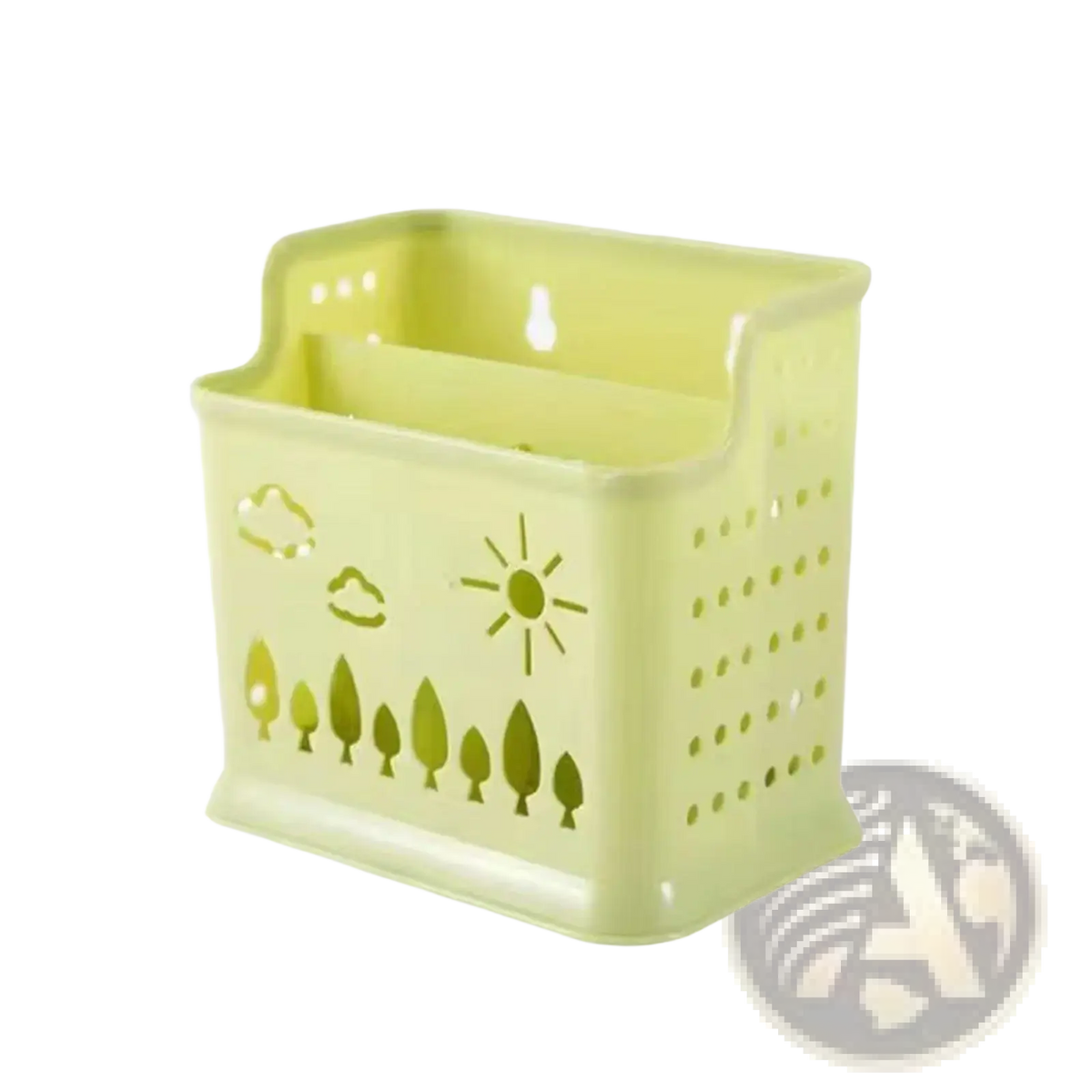 A pale green plastic draining chopstick holder with perforated sun cloud and tree motifs for utensil organization